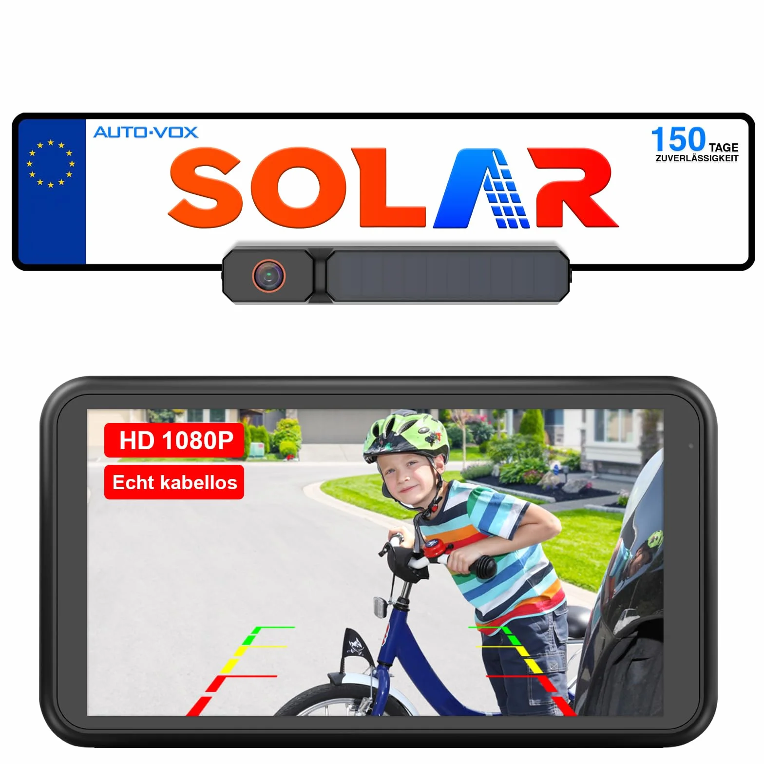 AUTO-VOX Retrocamera Auto Wireless Solare con Monitor 1080P 5": Batteria 5000mAh, Installazione Della Telecamera Posteriore Auto 2 Min, Telecamera Retromarcia Auto impermeabile IP69K