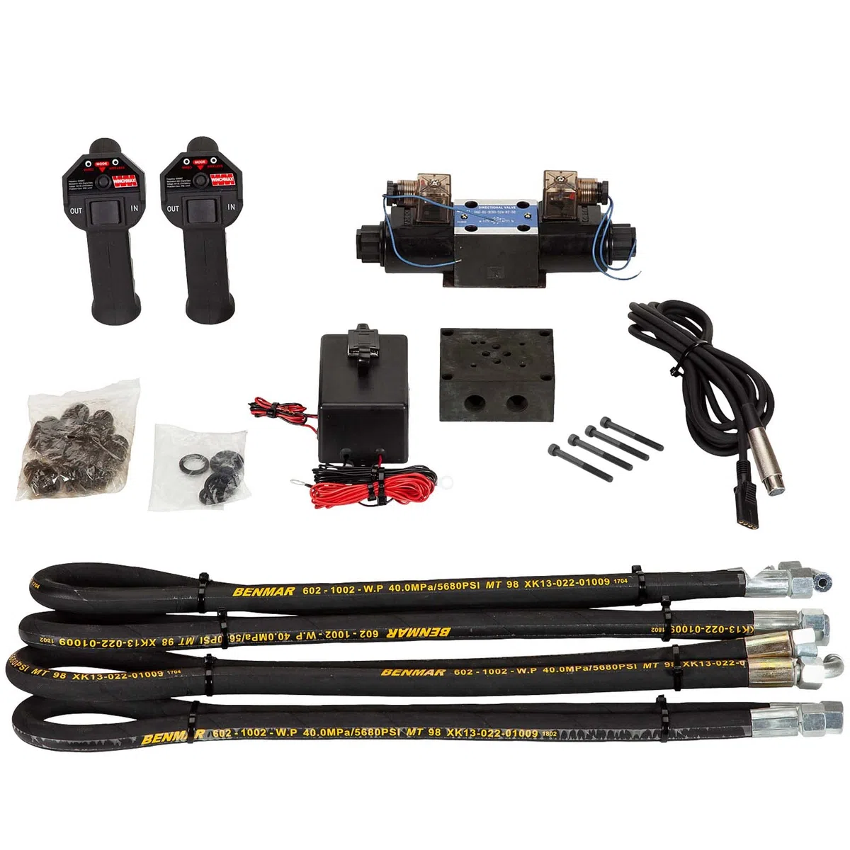 WINCHMAX. Kit di installazione per verricello idraulico. Valvola, tubi flessibili, apparato di controllo. Telecomando wireless 12 V.