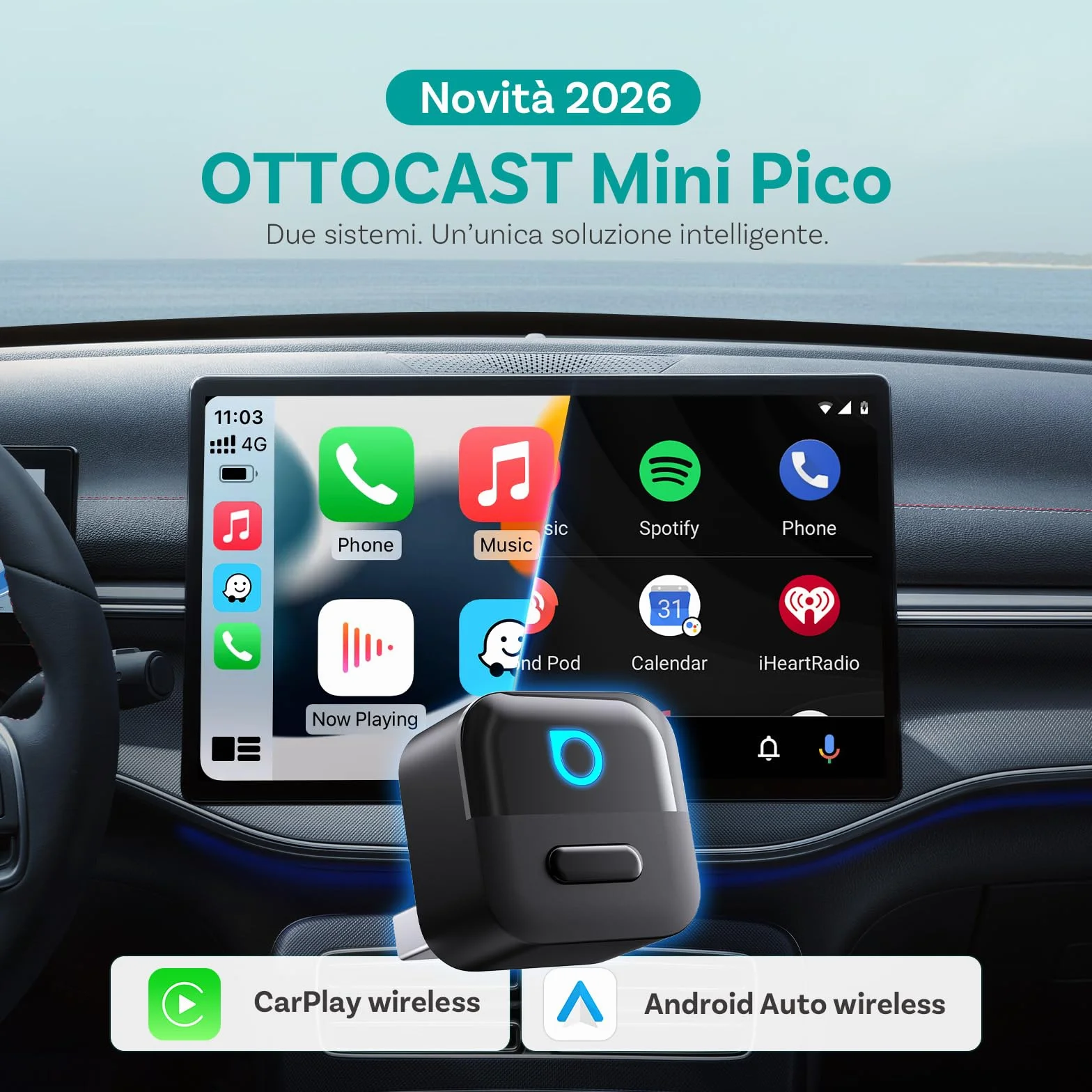 (2026 Nuovo) OTTOCAST 2 in 1 Wireless Adattatore CarPlay e Android Auto, Ottocast Mini Pico con Disconnessione a un Solo Tocco, WiFi 6, Bluetooth 5.4, Plug & Play per CarPlay/Android Auto di Fabbrica
