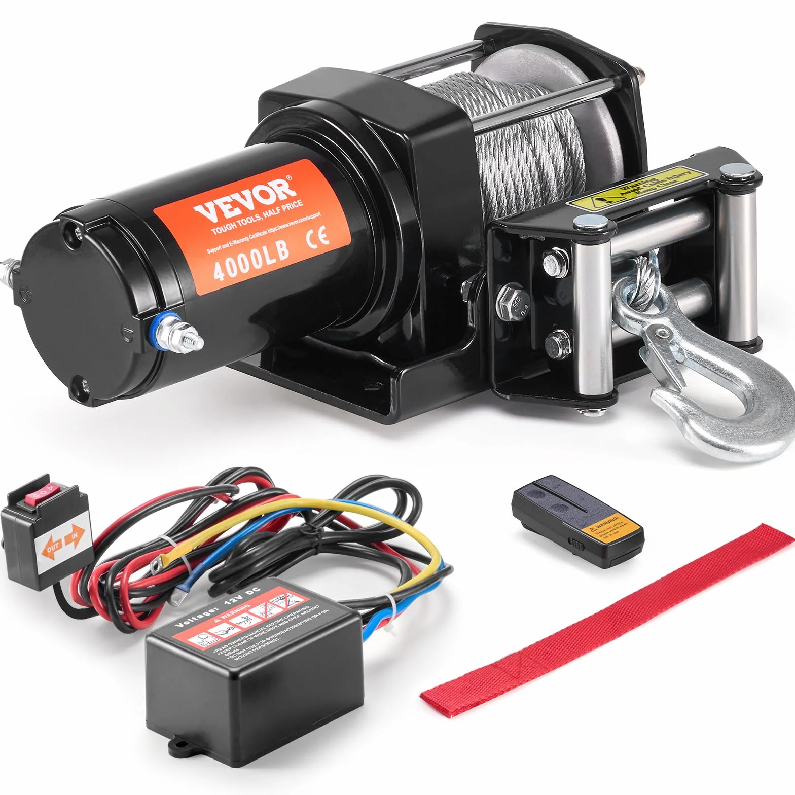 VEVOR Verricello Elettrico ATV UTV, capacità tiro 1814kg, 12 V CC, Cavo in Acciaio a 7 Fili Φ0,5 x 118,7 cm, Telecomando Wireless cablato, Impermeabile IP55, Verricello per Traino ATV UTV