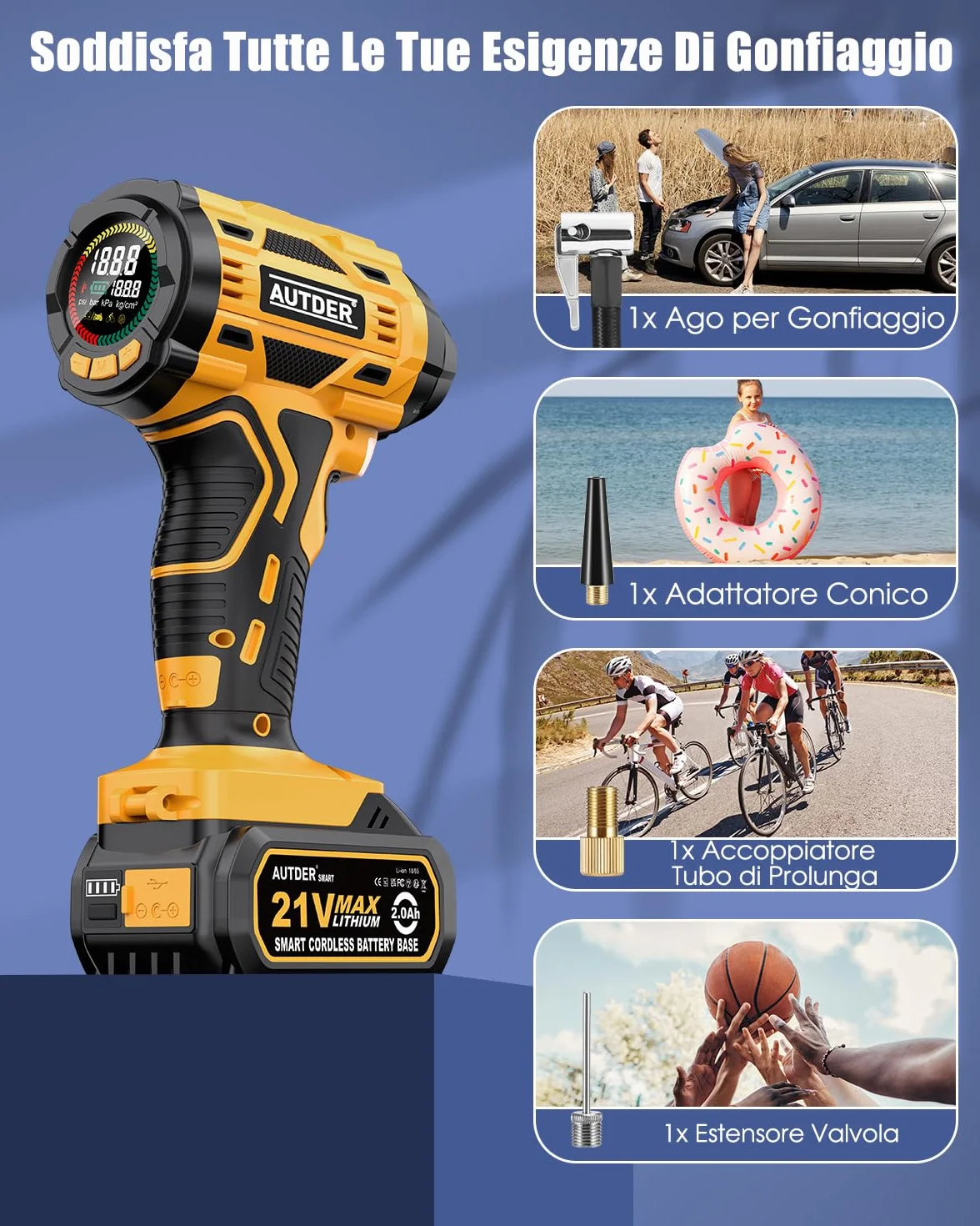 AUTDER Gonfiatore Pneumatici Portatile 180 PSI, Compressore Aria Senza Fili 21V con Batteria Rimovibile e Cavo Auto 12V, Spegnimento Automatico, Display LCD, LED