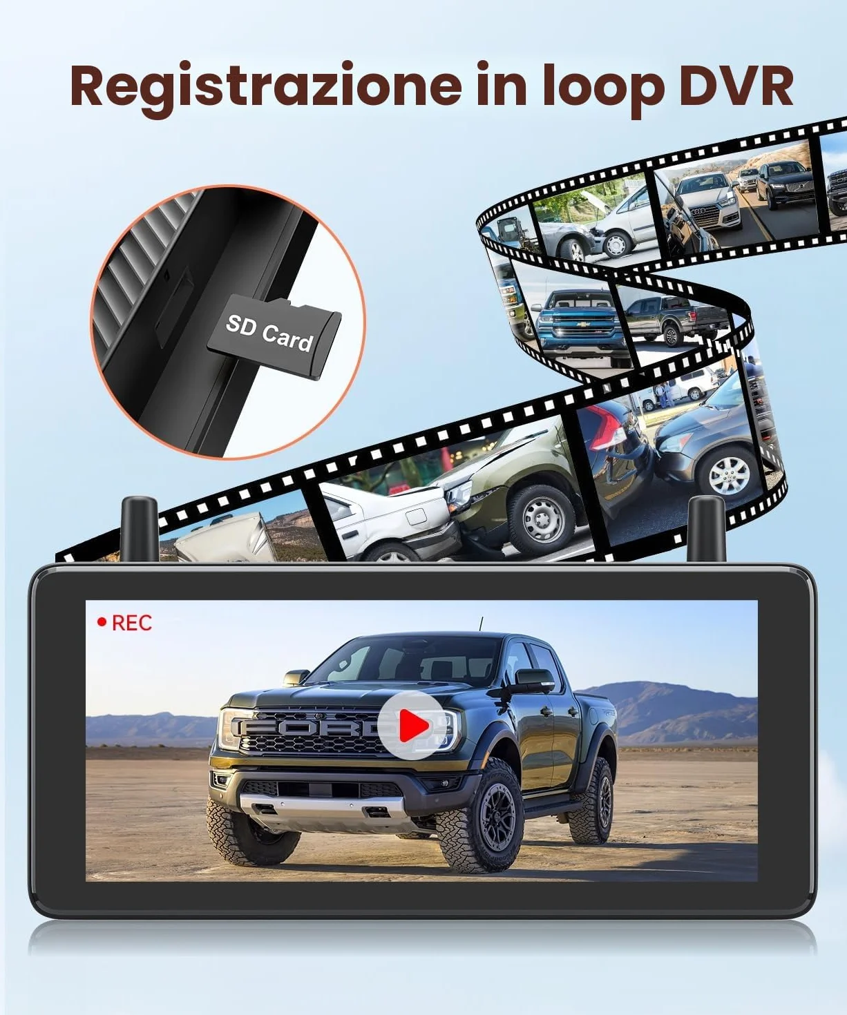 AUTO-VOX Telecamera di retromarcia wireless a energia solare da 7,25" con registrazione in loop DVR: HD 1080P, installazione rapida in 2 minuti, kit telecamera inversa con schermo diviso per auto