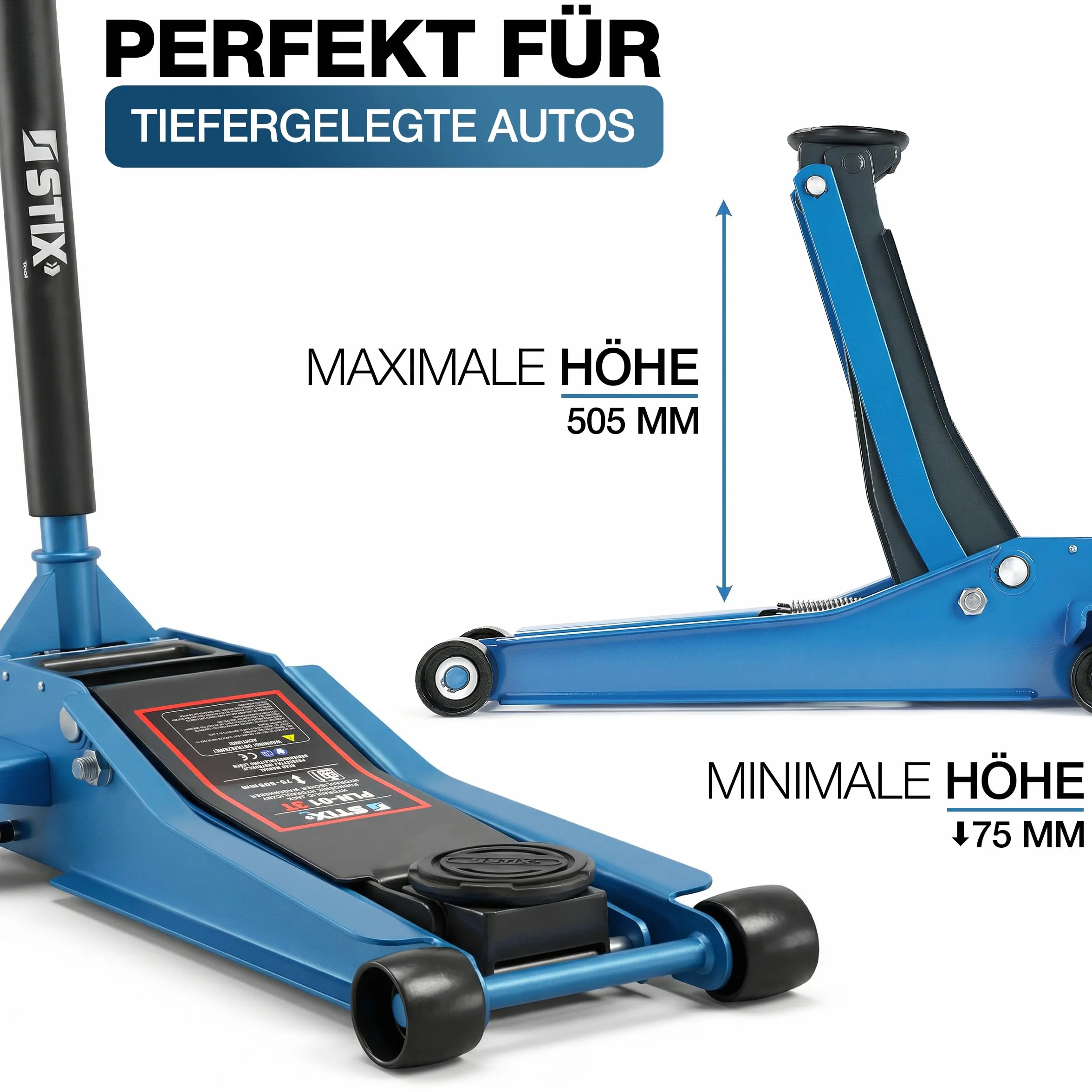 Cric Idraulico per Auto PLN-01 3T 75mm 505mm Doppia Pompa Officine Garage