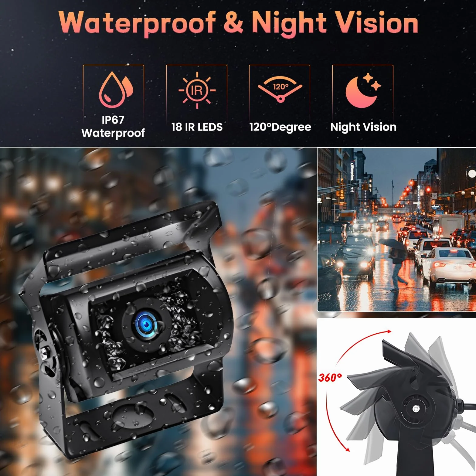 Hikity Kit Telecamera Retromarcia Wireless 7" Monitor LCD Auto e 2 Telecamera Posteriore,BSD, Impermeabile IP67, Visione Notturna per Camper Caravan LKW BUS con Caricatore per Auto
