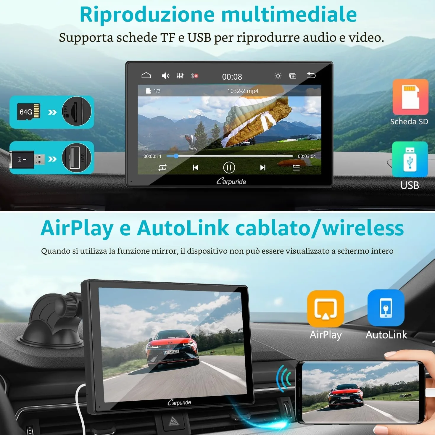 CARPURIDE V9 portatile wireless Carplay e Android Auto, 9 pollici 1080p touch screen HD da con BT 5.0, Mirror Link, supporto per camion e camper