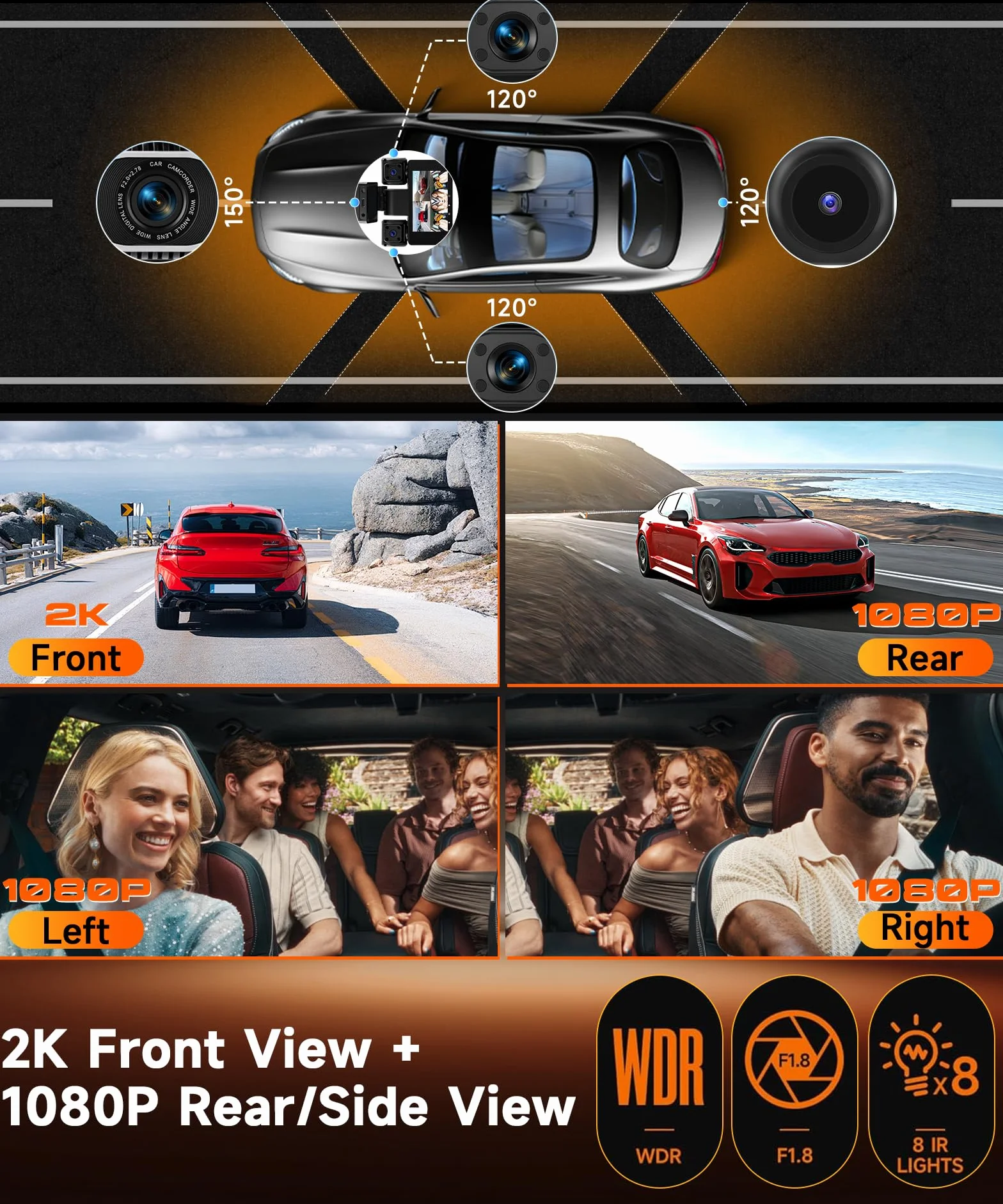 VECHTEL 2K/1080P Dashcam per auto anteriore e posteriore con WiFi, 4* Dash Cam Telecamera per auto con schermo IPS da 3 pollici,visione notturna,sensore G,protezione a 360 gradi,Con 64GB SD Card