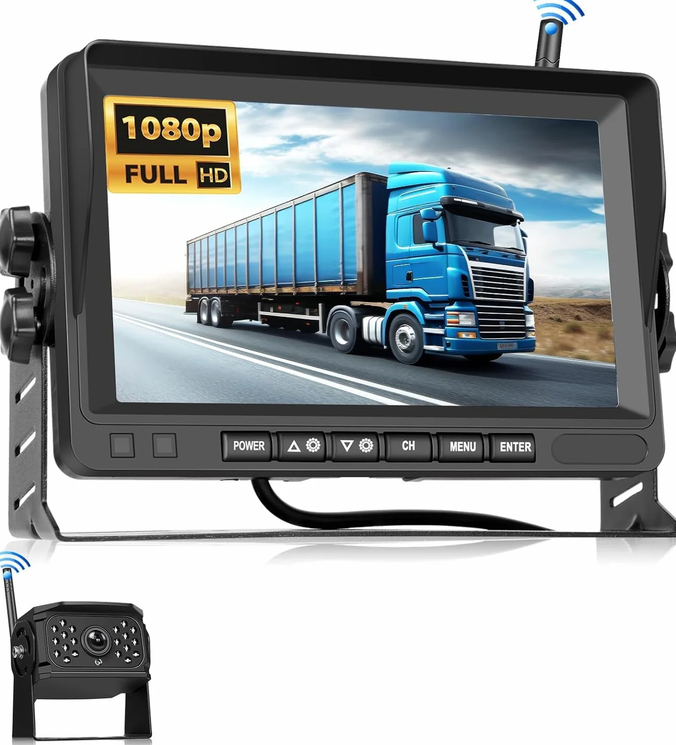 VECHTEL Telecamera Retromarcia Wireless 1080P, kit Monitor con Schermo IPS da 7 Pollici per Camion, Autobus, Furgoni, Camper, Pickup, Impermeabile IP68, Visione Notturna, Linee Guida DIY