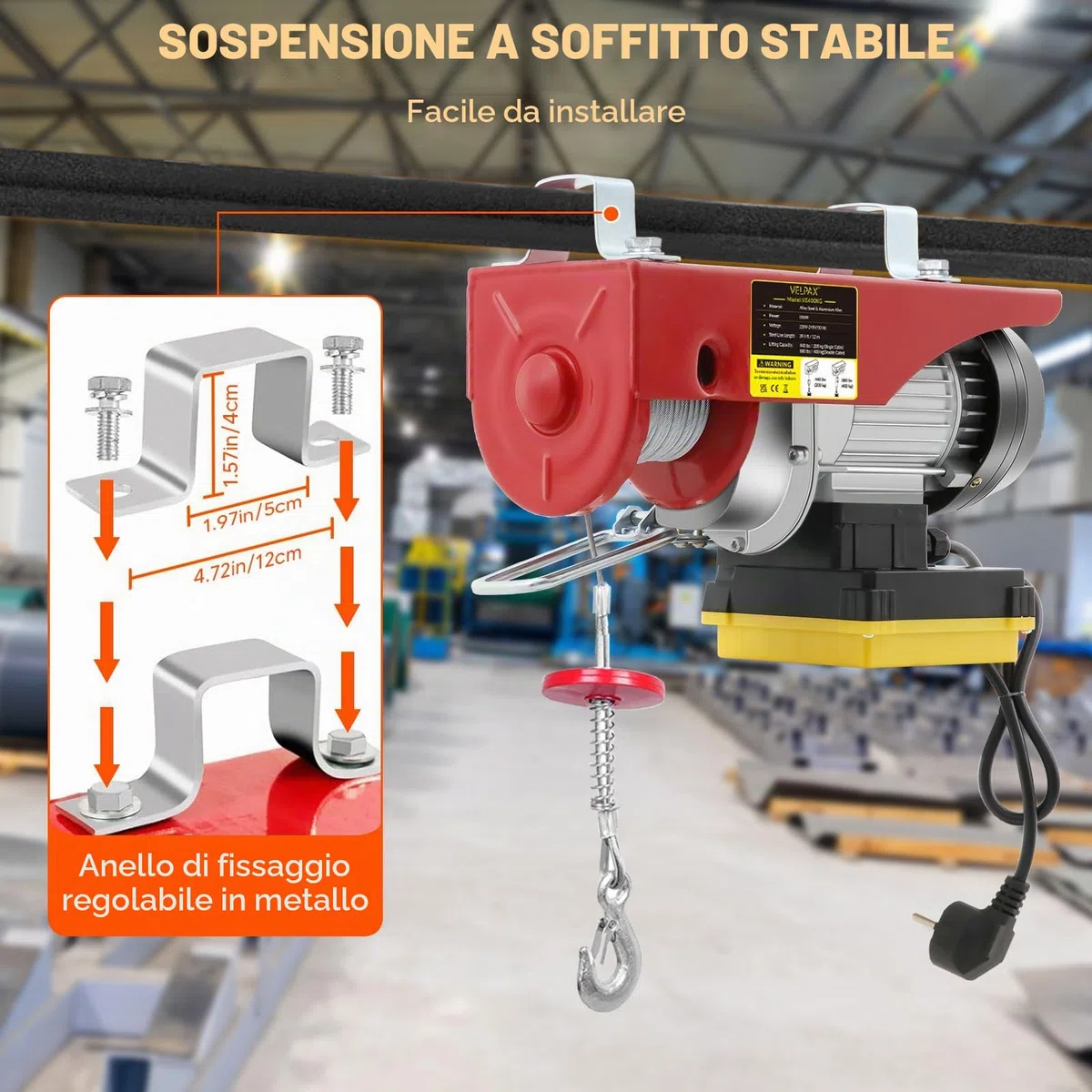 Paranco Elettrico, Capacità di Sollevamento 400 kg, Altezza di Sollevamento Elettrica 12 m,Argano Elettrico 850W,Velocità di Sollevamento 10m/min,Vericello con Radiocomando