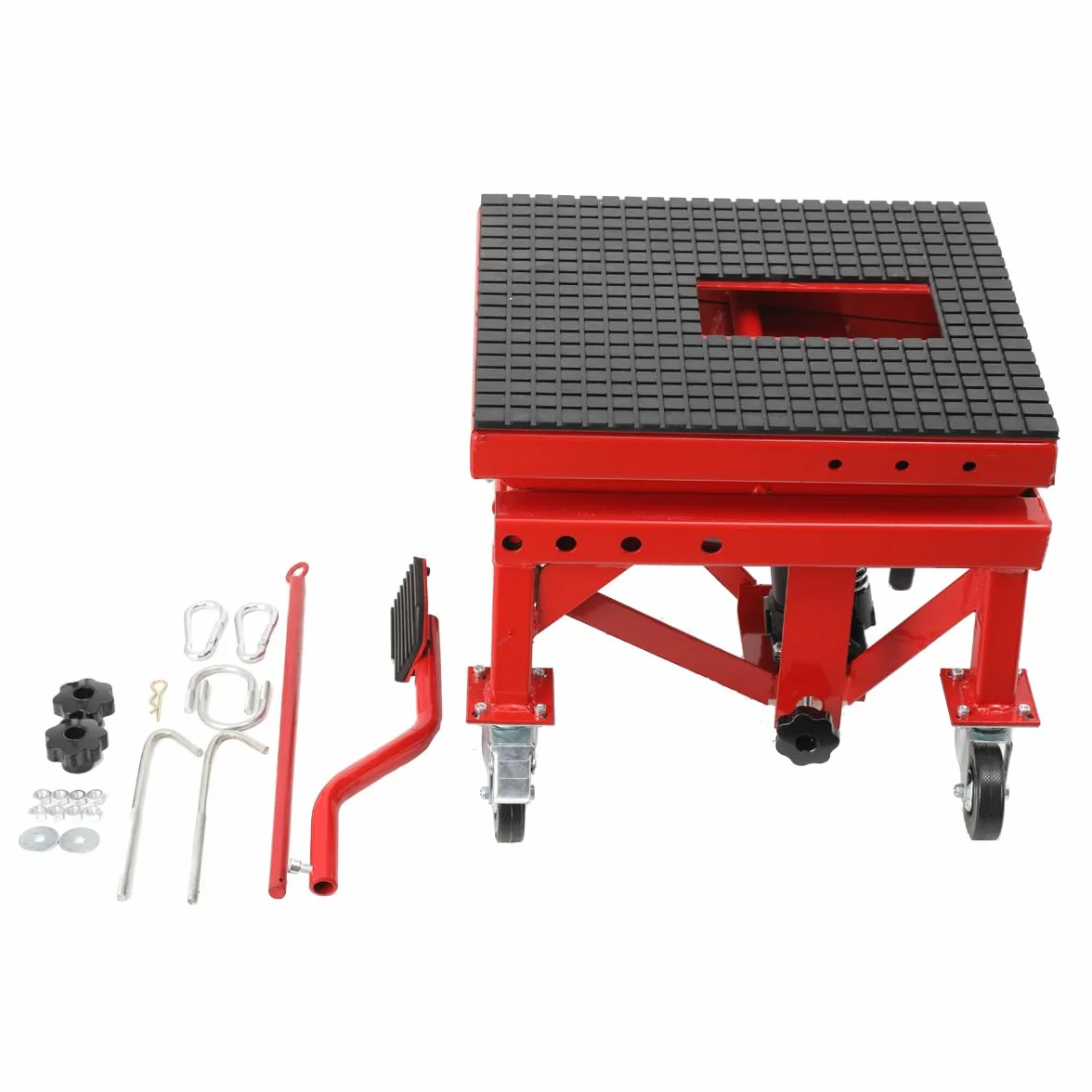 Sollevatore Idraulico per Moto con Pedale, Cavalletto Centrale a Pantografo per Moto, ATV, Enduro – Regolazione Altezza 350‑905 mm, Carico Max 158 kg, con 4 Ruote e Rotelle Universali