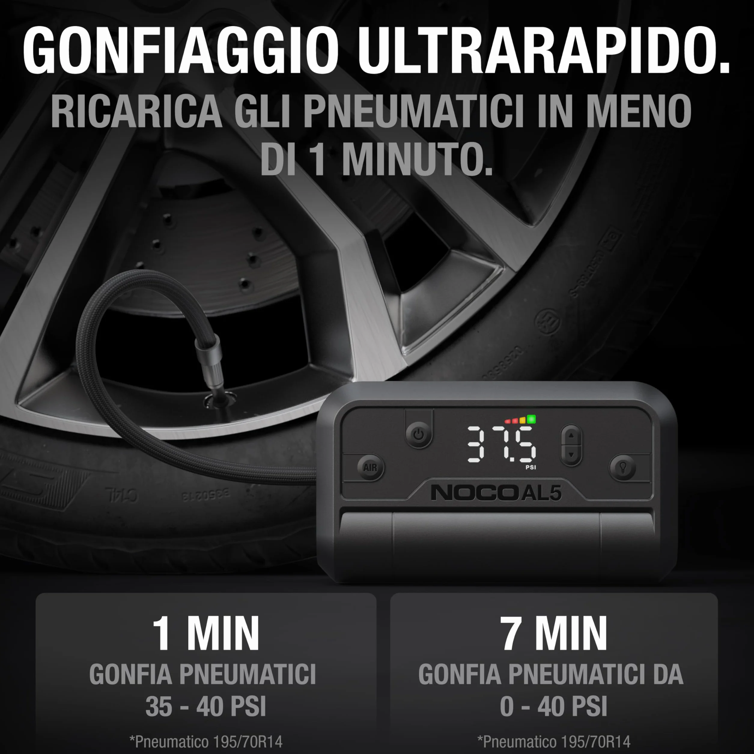 NOCO Air AL5: Gonfiatore per Pneumatici Senza Fili da 5A – Compressore d’Aria Portatile a Batteria – Portata 17 SLPM, da 0 a 40 PSI in 7 Minuti – Manometro Digitale + Spegnimento Automatico