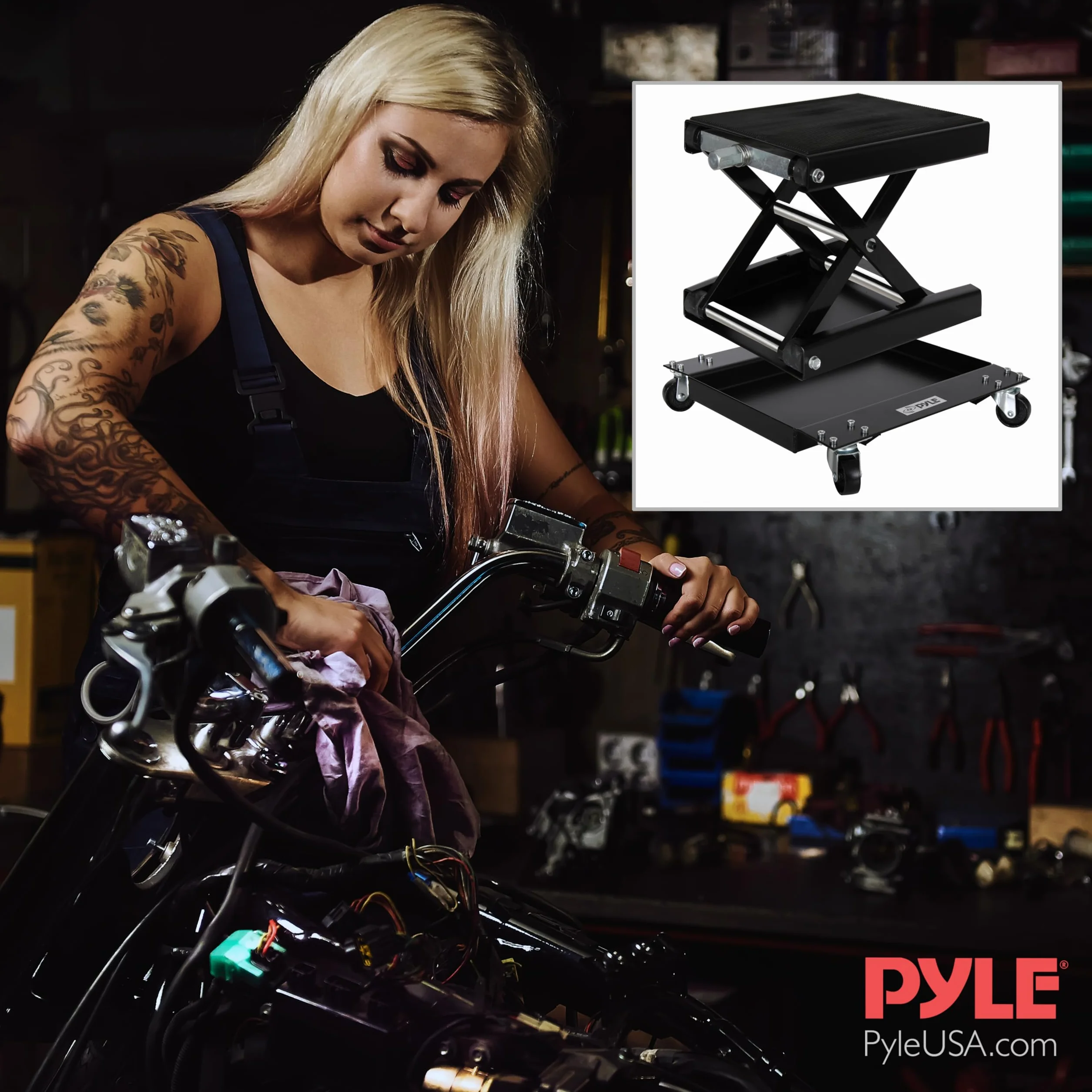 Pyle Sollevatore Moto, Cavalletto Moto in Acciaio Resistente, Capacità 500 kg, Rivestimento Nero, Ruote Girevoli, Pieghevole e Portatile