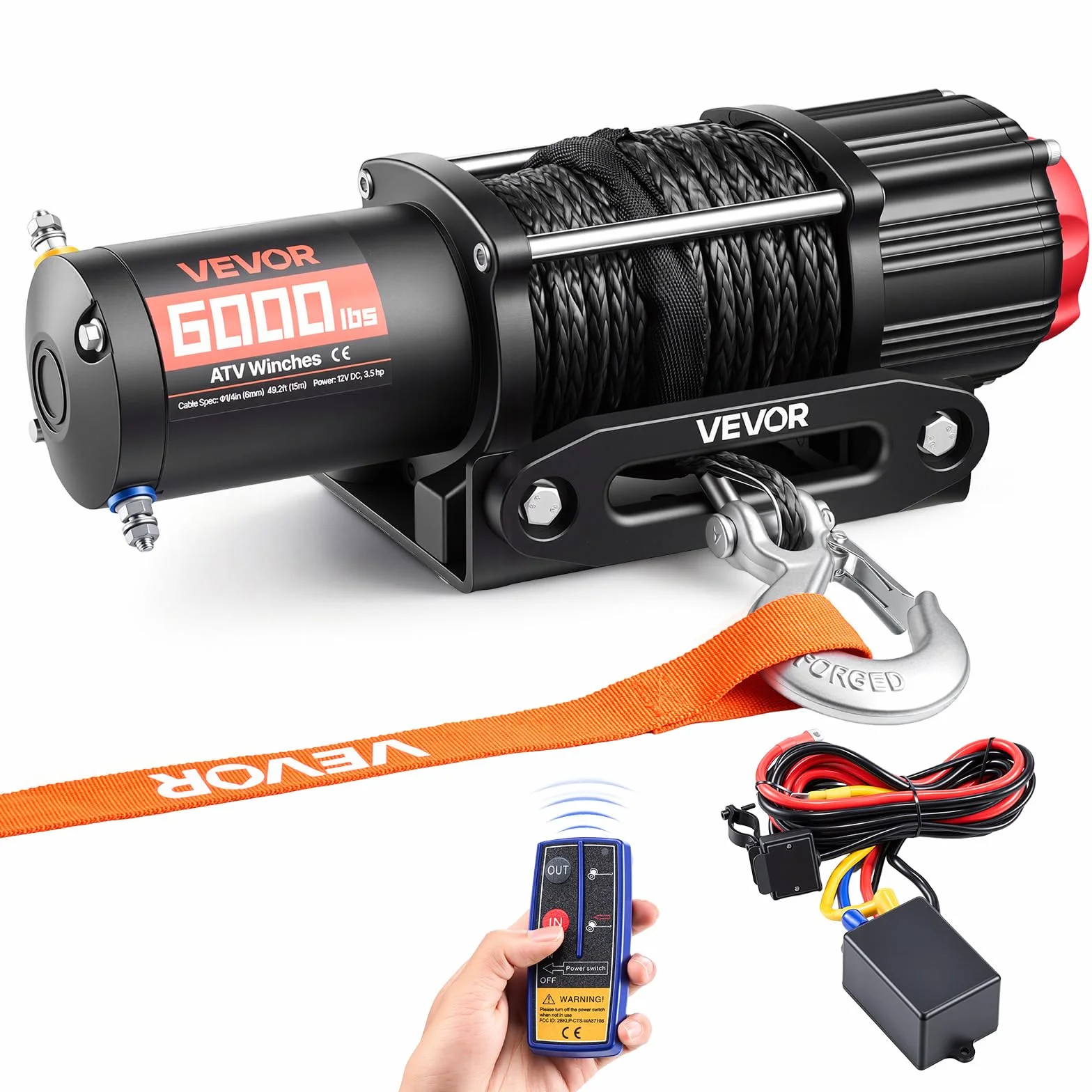 VEVOR Verricello Elettrico con Cavo Metallico da 2721 kg, Verricello Elettrico da 12 V CC per ATV/UTV Fuoristrada con Fune Sintetica Ø 6 mm x 15 m, Telecomando Wireless e Cablato, Impermeabile IP55