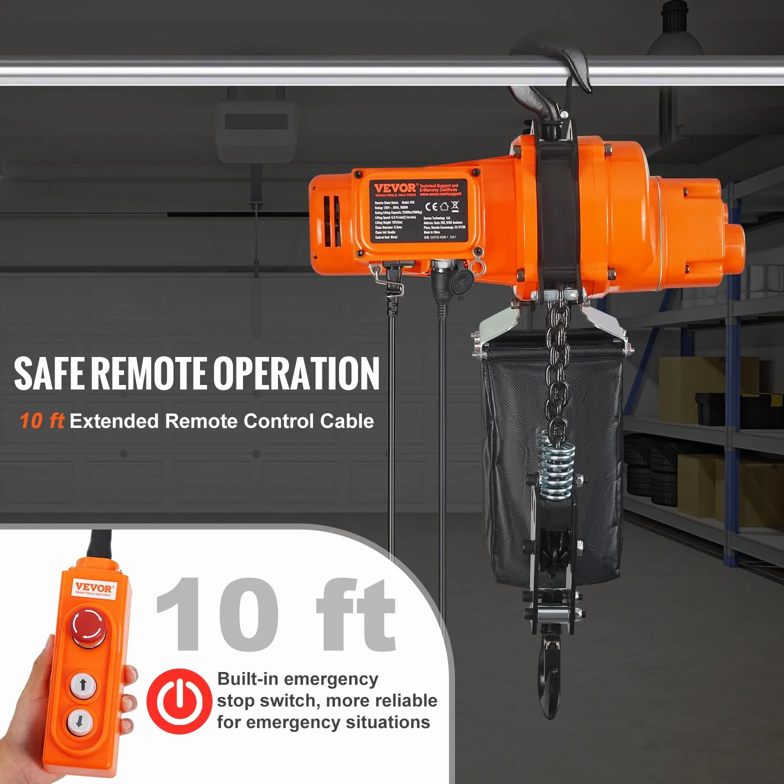 VEVOR Paranco Elettrico a Catena, Capacità Carico 998kg, Altezza Sollevamento 3m, Gru a Ponte Monofase 230V con Catena, Telecomando Cavo per Garage, Magazzino, Hotel, Officina, Uso Commerciale