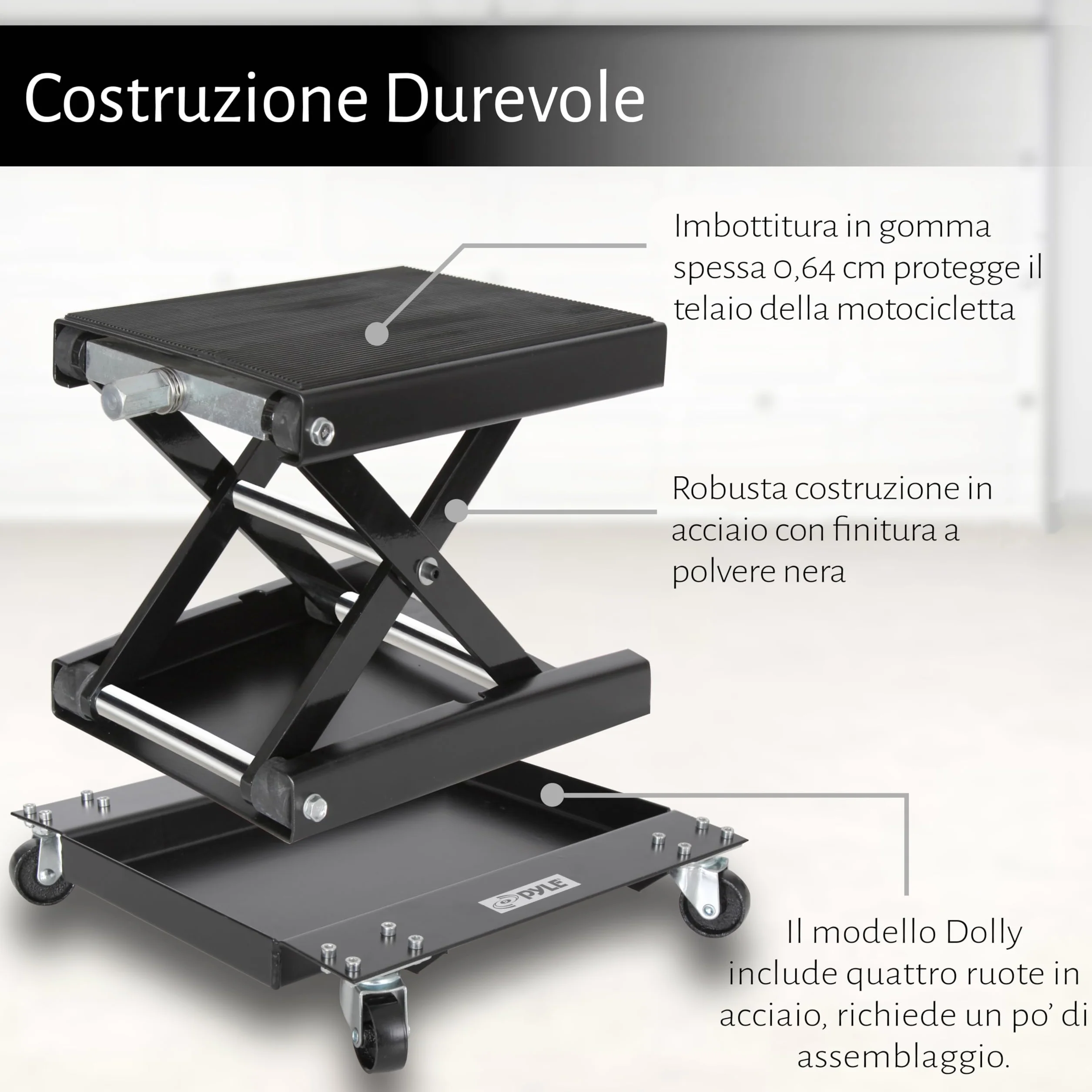 Pyle Sollevatore Moto, Cavalletto Moto in Acciaio Resistente, Capacità 500 kg, Rivestimento Nero, Ruote Girevoli, Pieghevole e Portatile