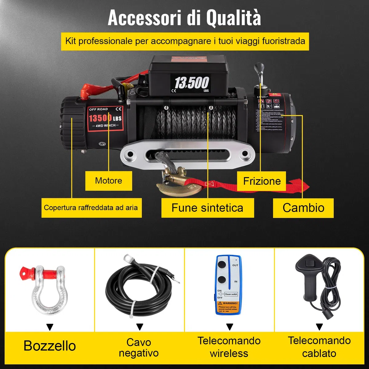 Verricello Elettrico 12 V 13500lb/6123kg CC con Cavo, IP68 Verricello Elettrico con 24m Corda Sintetica e Telecomando wireless×2, per carri rimorchi, fuoristrada, 4 x 4 veicoli,Traino UTV ATV