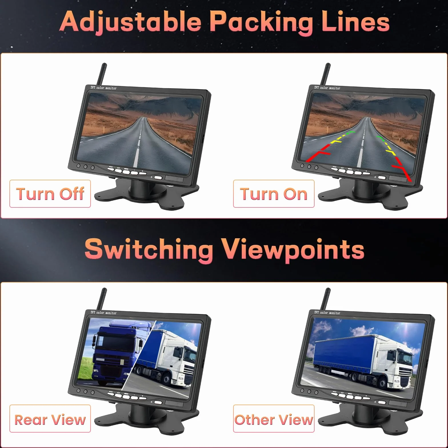 Hikity Kit Telecamera Retromarcia Wireless 7" Monitor LCD Auto e 2 Telecamera Posteriore,BSD, Impermeabile IP67, Visione Notturna per Camper Caravan LKW BUS con Caricatore per Auto