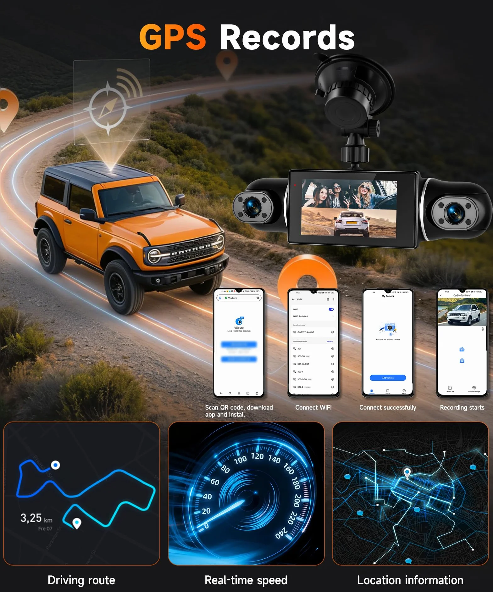 VECHTEL 2K/1080P Dashcam per auto anteriore e posteriore con WiFi, 4* Dash Cam Telecamera per auto con schermo IPS da 3 pollici,visione notturna,sensore G,protezione a 360 gradi,Con 64GB SD Card