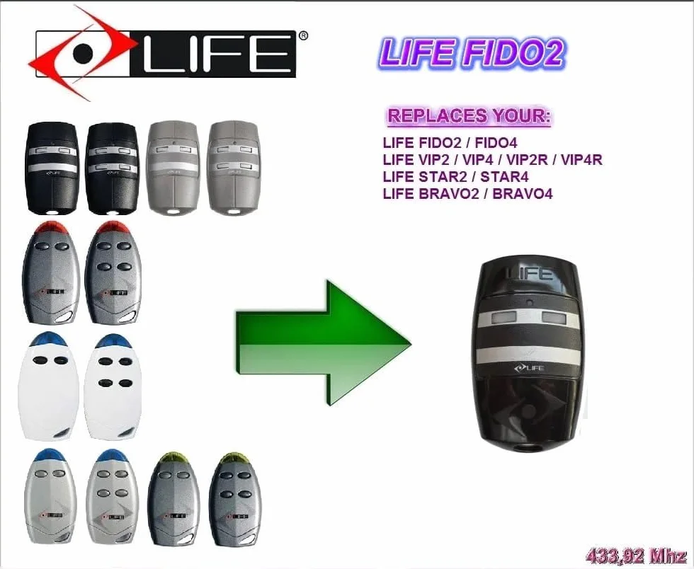 Life FIDO2 - Trasmettitore manuale a 2 canali 433,92 MHz Rolling Code telecomando