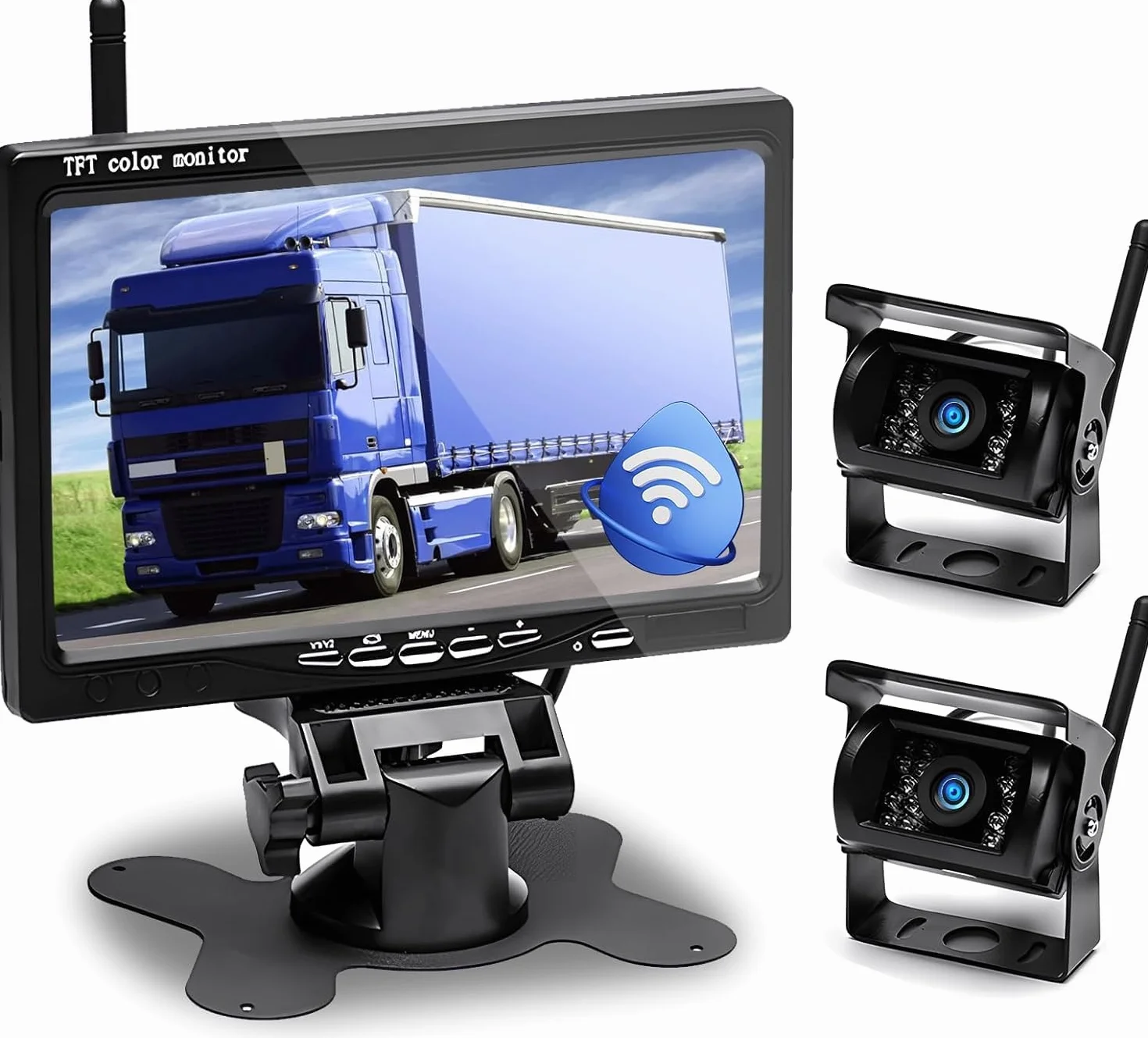 Hikity Kit Telecamera Retromarcia Wireless 7" Monitor LCD Auto e 2 Telecamera Posteriore,BSD, Impermeabile IP67, Visione Notturna per Camper Caravan LKW BUS con Caricatore per Auto