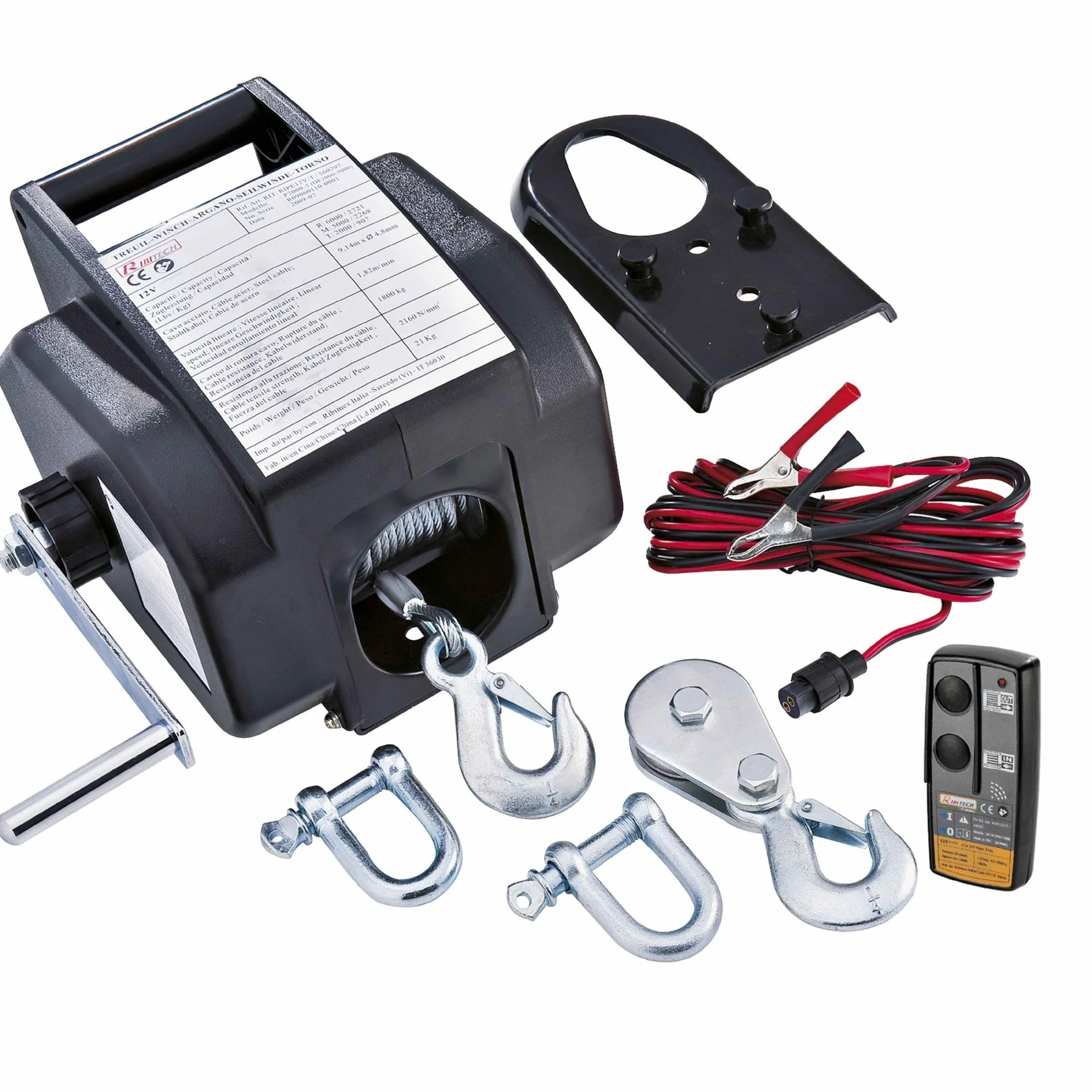 Ribimex Verricello Elettrico Telecomandato da 5 Tonnellate, 12 V, Marcia Avanti e Retromarcia, Ideale per Traino di Carichi Statici e su Ruote, Kit di Installazione per Rimorchio Incluso - PE12V/T1