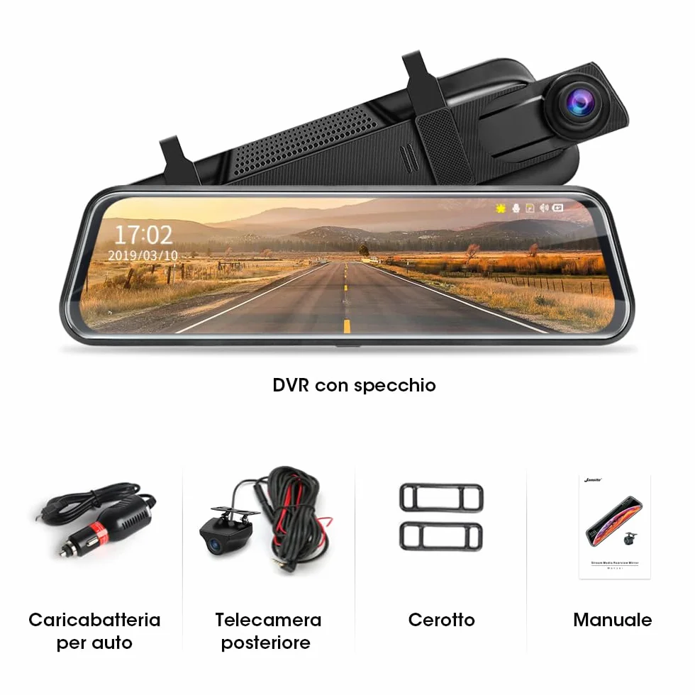 【Neue Version】Jansite Specchio Retrovisore Auto 10 pollici Touchscreen, Posteriore e anteriore 1080P Mirror Dash Cam Specchietto Retrovisore con Cavi da 10m, Visione notturna grandangolare 170°