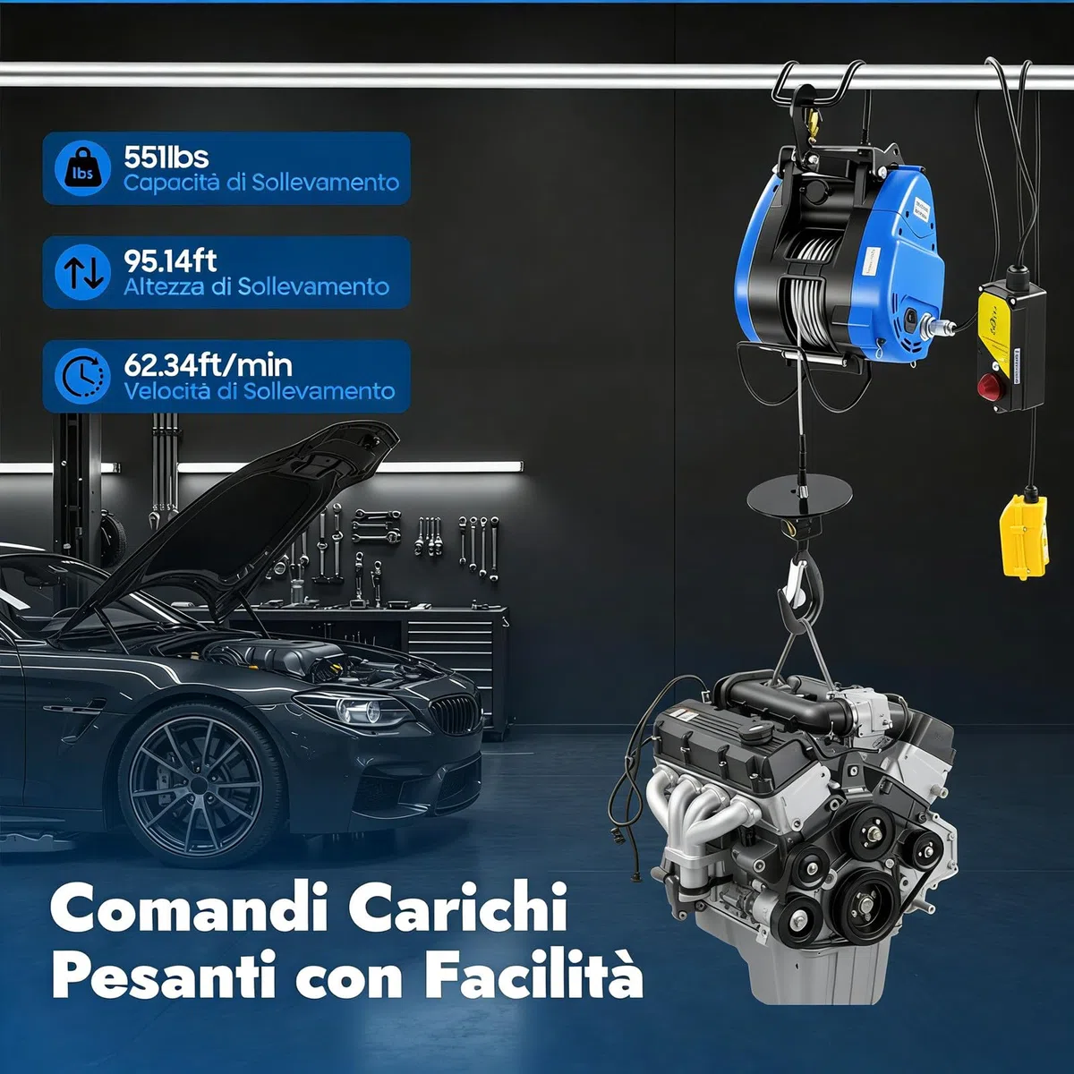 Verricello elettrico mobile, 230 V, 250 kg, portata 19 m/min, telecomando senza fili (100 m), con batteria, manico di controllo del cavo, 1500 W, 29 m, altezza di sollevamento 30 m, fune metallica