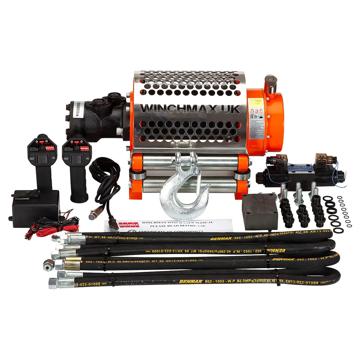 WINCHMAX. Verricello idraulico Z da 9.072 kg (20.000 lb). Fune in acciaio da 25 m x 14 mm. Gancio da 12,7 mm. Sistema di controllo a 24 V.