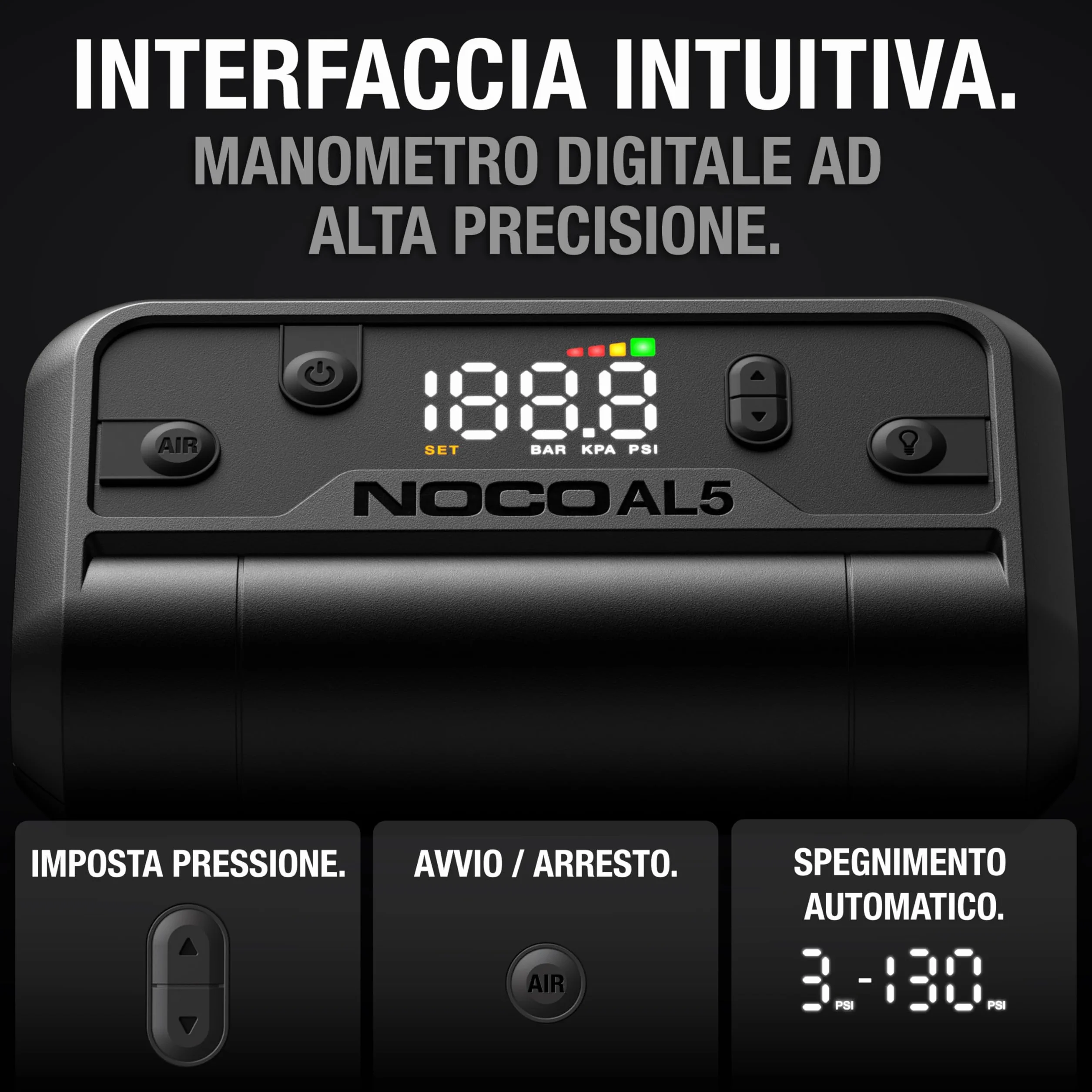 NOCO Air AL5: Gonfiatore per Pneumatici Senza Fili da 5A – Compressore d’Aria Portatile a Batteria – Portata 17 SLPM, da 0 a 40 PSI in 7 Minuti – Manometro Digitale + Spegnimento Automatico
