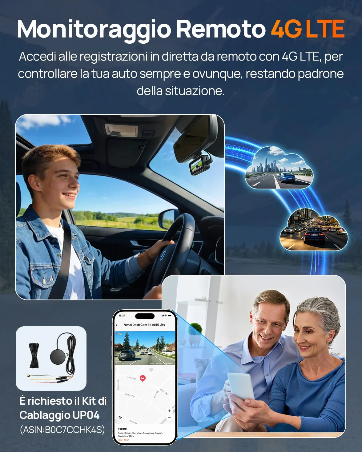 70mai A810 Lite Dash Cam 4K +1080P, 5GHz WiFi, GPS, HDR, Visione Notturna, Parcheggio 24/7, Sensore G, 64GB