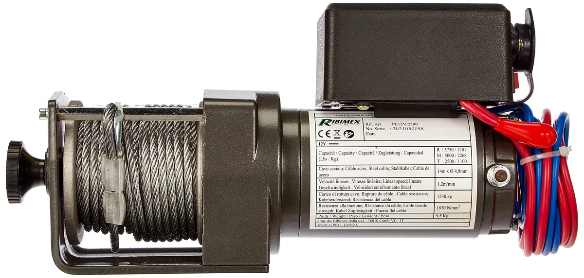 Ribimex Verricello Elettrico 12V per Carichi fino a 2100 Kg, Cavo in Acciaio 14 m, Uso Elettrico e Manuale, Comando a Distanza tramite Cavo da 2,8 m, Accessori per l'Installazione Inclusi - PE12V/2500