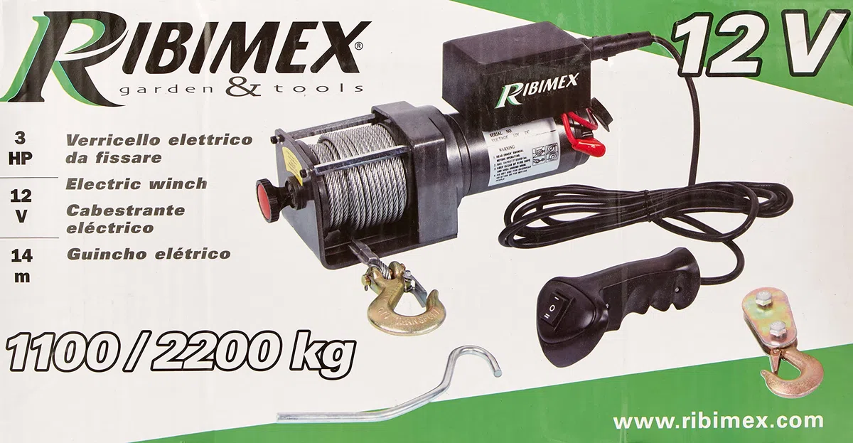 Ribimex Verricello Elettrico 12V per Carichi fino a 2100 Kg, Cavo in Acciaio 14 m, Uso Elettrico e Manuale, Comando a Distanza tramite Cavo da 2,8 m, Accessori per l'Installazione Inclusi - PE12V/2500