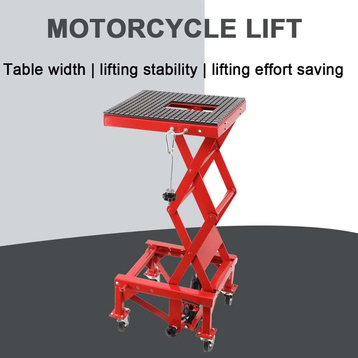 Sollevatore Idraulico per Moto con Pedale, Cavalletto Centrale a Pantografo per Moto, ATV, Enduro – Regolazione Altezza 350‑905 mm, Carico Max 158 kg, con 4 Ruote e Rotelle Universali