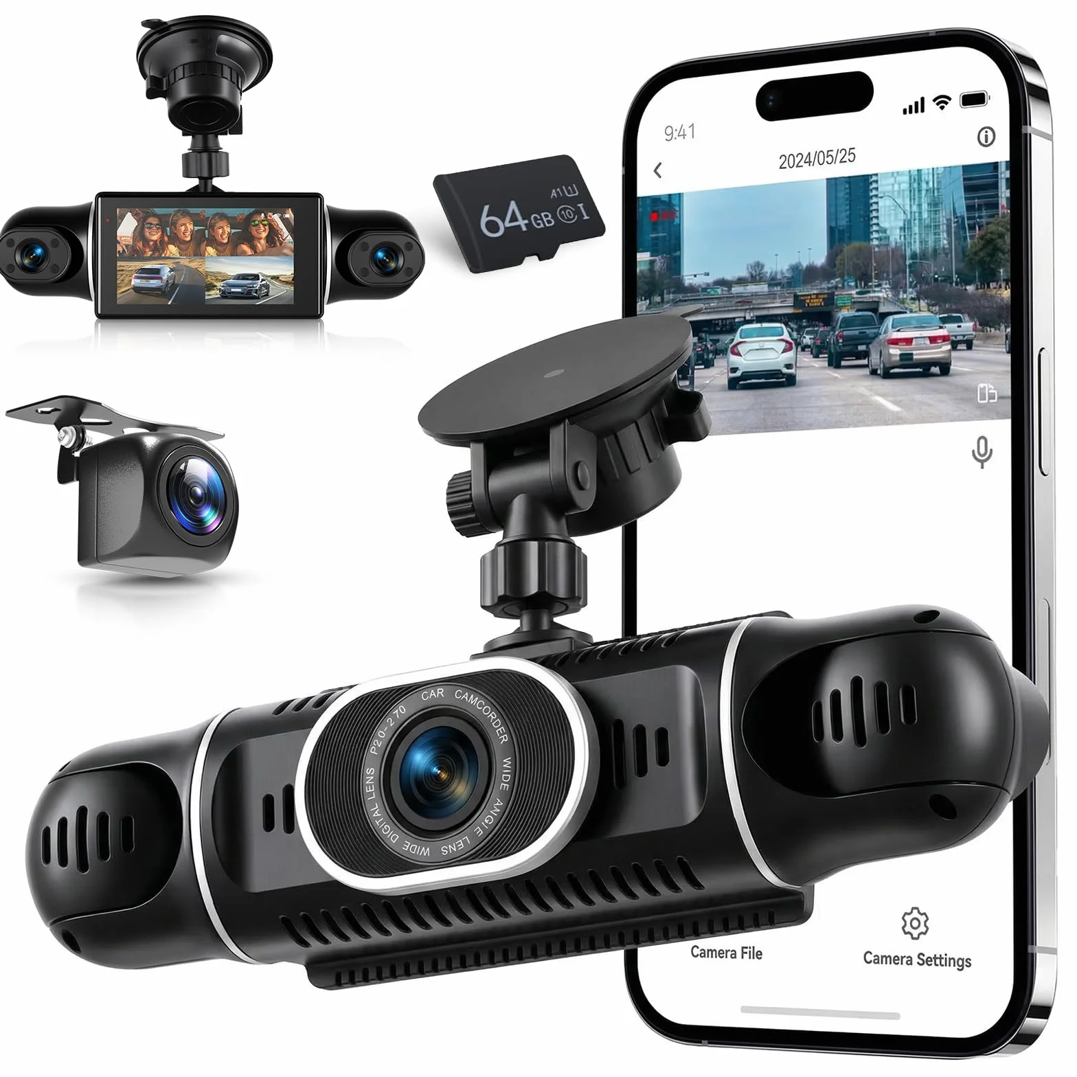 VECHTEL 2K/1080P Dashcam per auto anteriore e posteriore con WiFi, 4* Dash Cam Telecamera per auto con schermo IPS da 3 pollici,visione notturna,sensore G,protezione a 360 gradi,Con 64GB SD Card