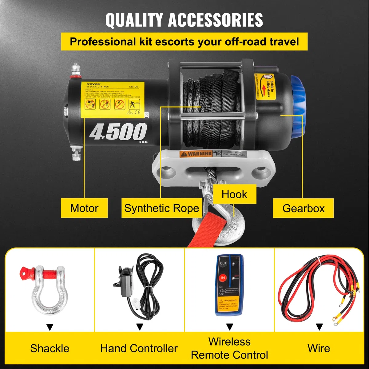 VEVOR Verricello Elettrico con Telecomando 2 KW 12 V Corda Sintetica, Paranco Elettrico 4500 LBS, Argano Elettrico Grado Impermeabile IP67, Verricello Elettrico con un Accurato Kit di Accessori