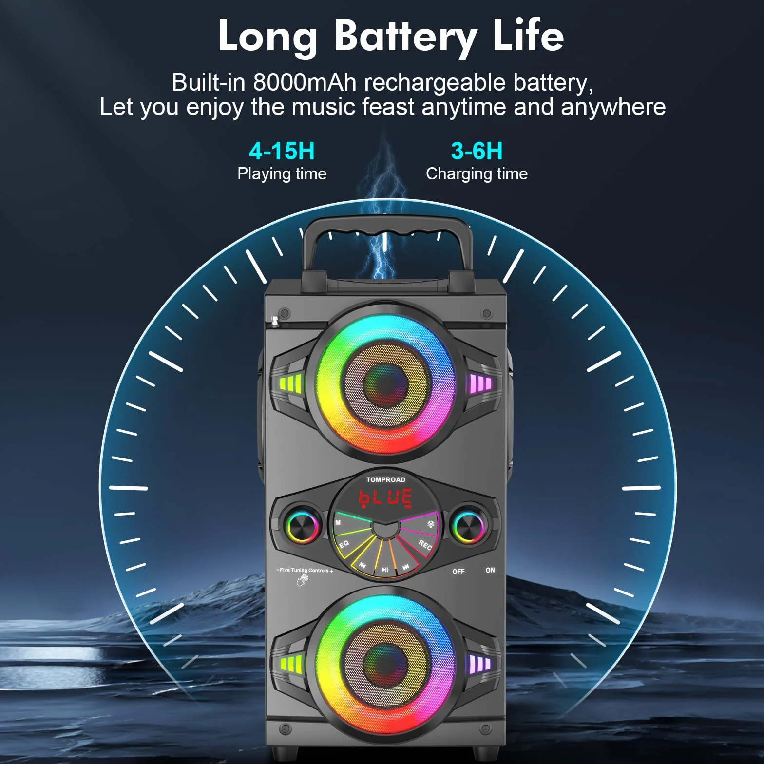 Altoparlanti Bluetooth, altoparlante portatile wireless da 60 W per feste in casa, con subwoofer, radio FM, luci LED colorate, microfono, telecomando e grande e potente stereo con bassi profondi.