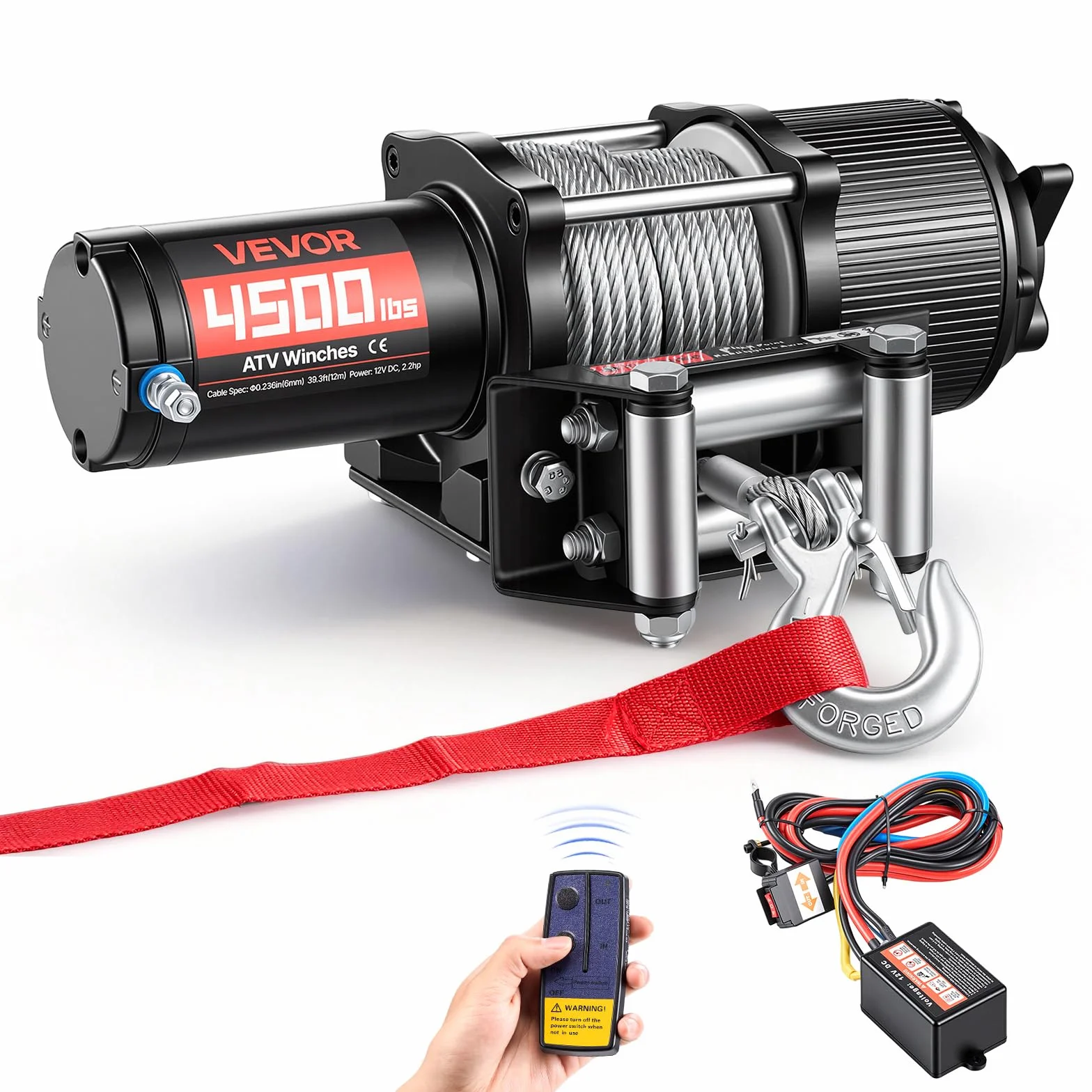 VEVOR Verricello Elettrico con Cavo da 2041 kg, Verricello Elettrico da 12 V CC per ATV/UTV con Cavo in Acciaio Ø 6 mm x 12 m, Telecomando Wireless e Cablato, Protezione IP54, per Recupero Stradale