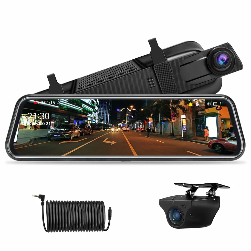 【Neue Version】Jansite Specchio Retrovisore Auto 10 pollici Touchscreen, Posteriore e anteriore 1080P Mirror Dash Cam Specchietto Retrovisore con Cavi da 10m, Visione notturna grandangolare 170°