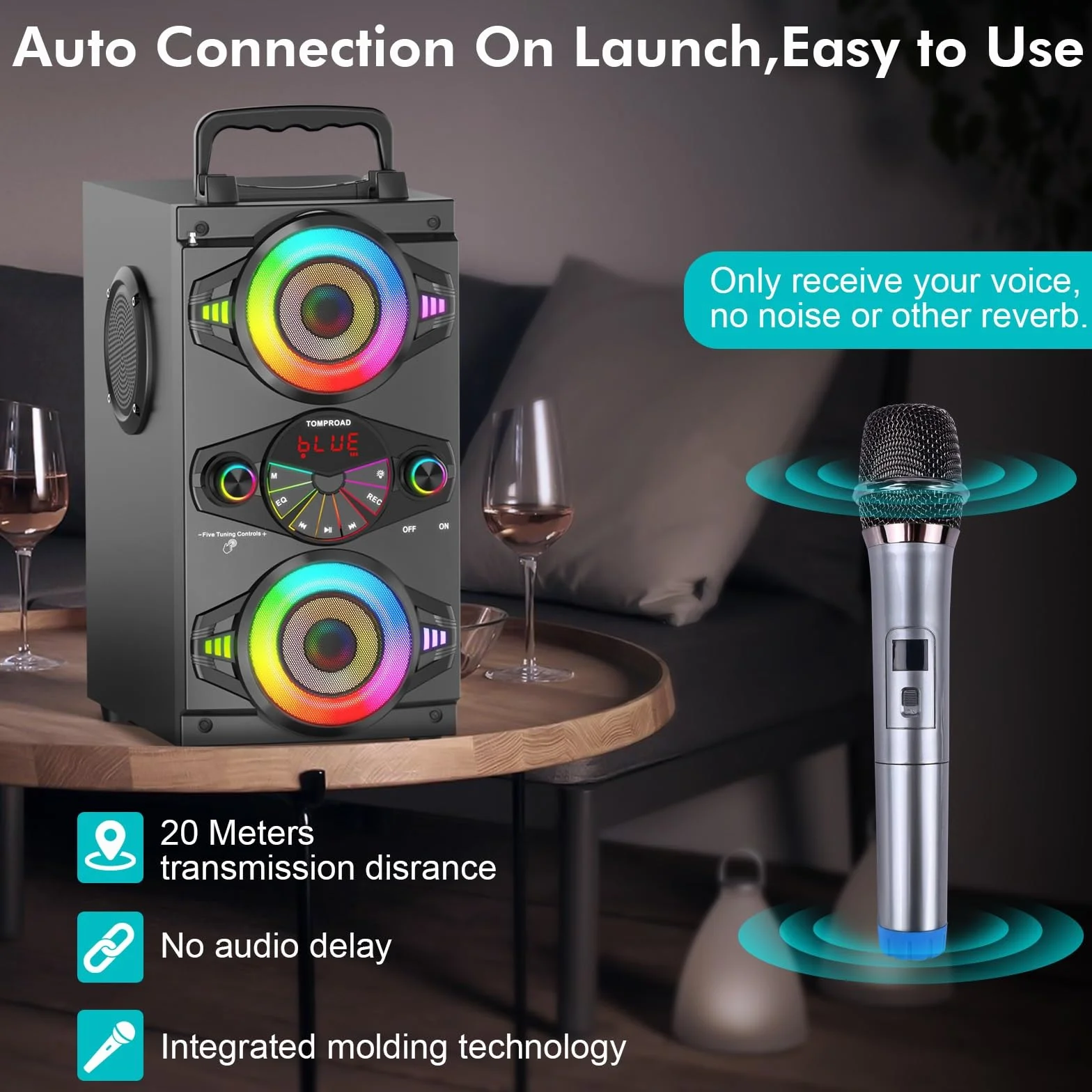 Altoparlanti Bluetooth, altoparlante portatile wireless da 60 W per feste in casa, con subwoofer, radio FM, luci LED colorate, microfono, telecomando e grande e potente stereo con bassi profondi.