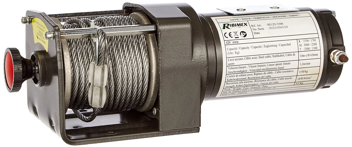 Ribimex Verricello Elettrico 12V per Carichi fino a 2100 Kg, Cavo in Acciaio 14 m, Uso Elettrico e Manuale, Comando a Distanza tramite Cavo da 2,8 m, Accessori per l'Installazione Inclusi - PE12V/2500