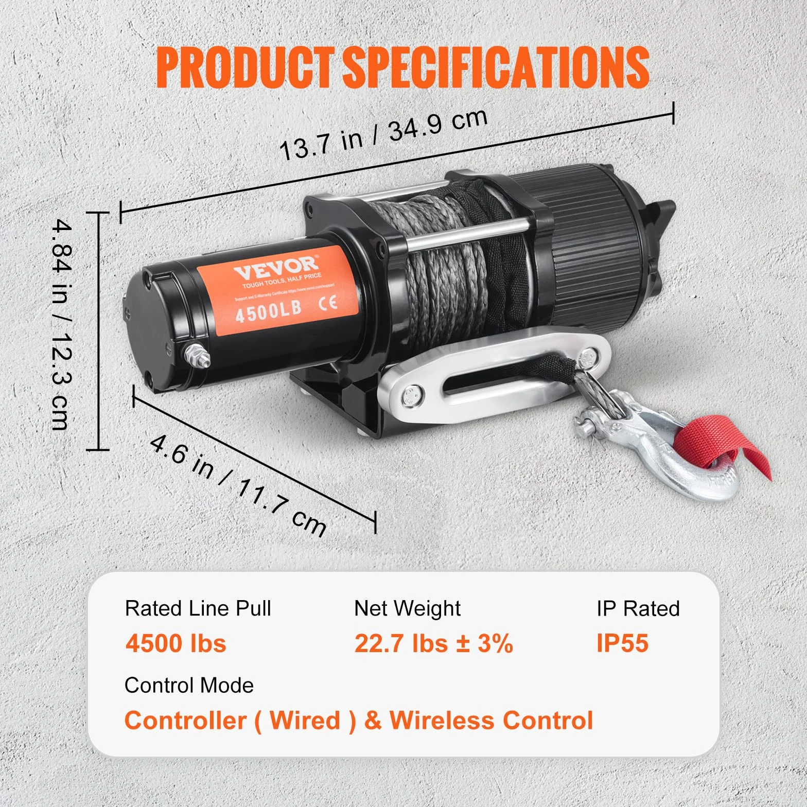 VEVOR Verricello Elettrico per ATV Veicolo Fuoristrada Carico Max. 2041kg Controllo Senza Fili, Verricello Elettrico 12V Impermeabile di Grado IP55 Corda in Nylon per ATV SUV, Verricello per Veicoli