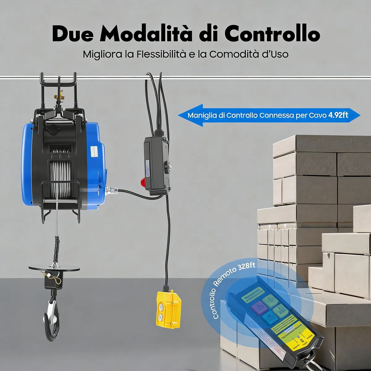 Verricello elettrico mobile, 230 V, 250 kg, portata 19 m/min, telecomando senza fili (100 m), con batteria, manico di controllo del cavo, 1500 W, 29 m, altezza di sollevamento 30 m, fune metallica