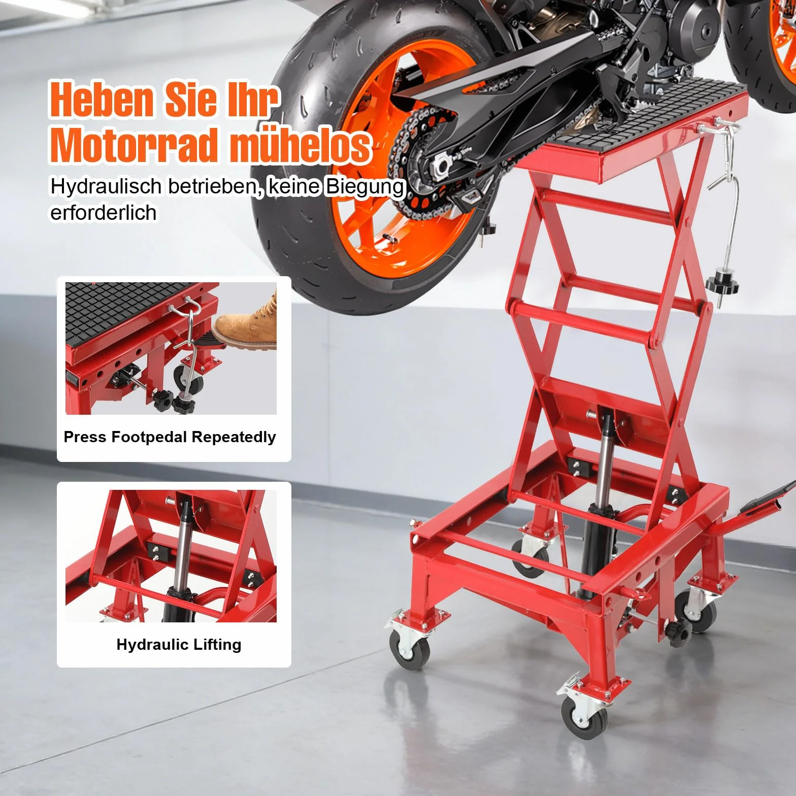 Sollevatore Idraulico per Moto con Pedale, Cavalletto Centrale a Pantografo per Moto, ATV, Enduro – Regolazione Altezza 350‑905 mm, Carico Max 158 kg, con 4 Ruote e Rotelle Universali