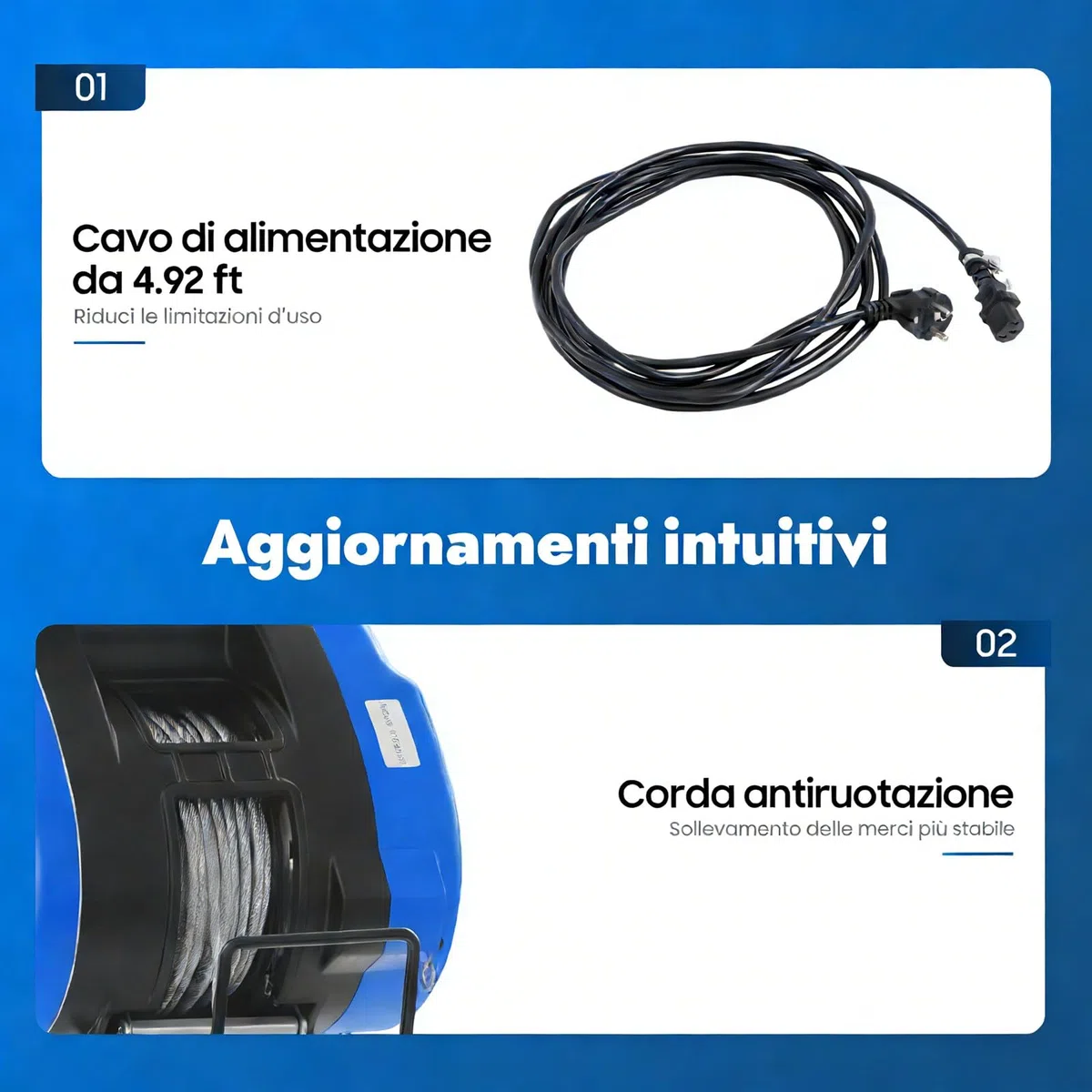 Verricello elettrico mobile, 230 V, 250 kg, portata 19 m/min, telecomando senza fili (100 m), con batteria, manico di controllo del cavo, 1500 W, 29 m, altezza di sollevamento 30 m, fune metallica