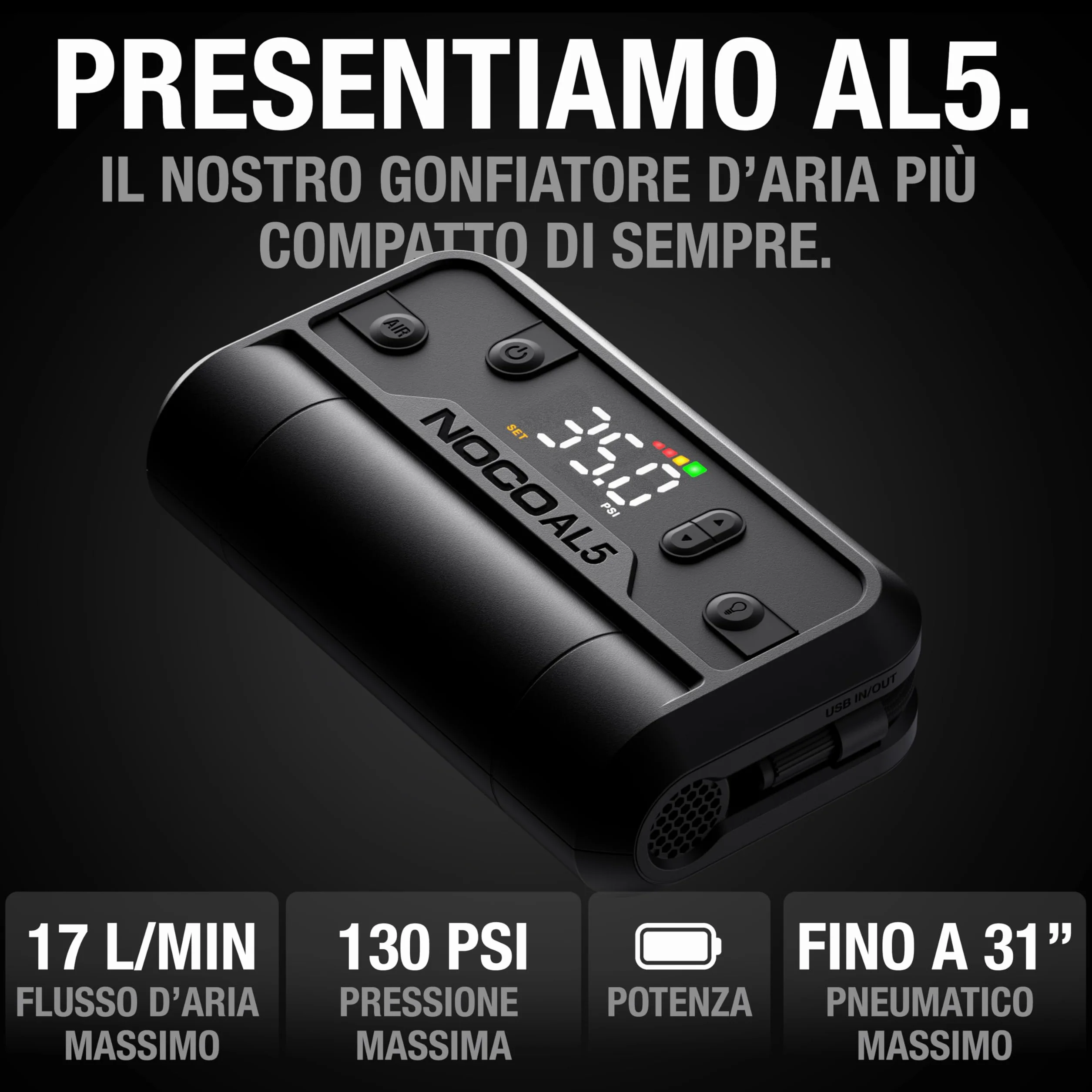 NOCO Air AL5: Gonfiatore per Pneumatici Senza Fili da 5A – Compressore d’Aria Portatile a Batteria – Portata 17 SLPM, da 0 a 40 PSI in 7 Minuti – Manometro Digitale + Spegnimento Automatico