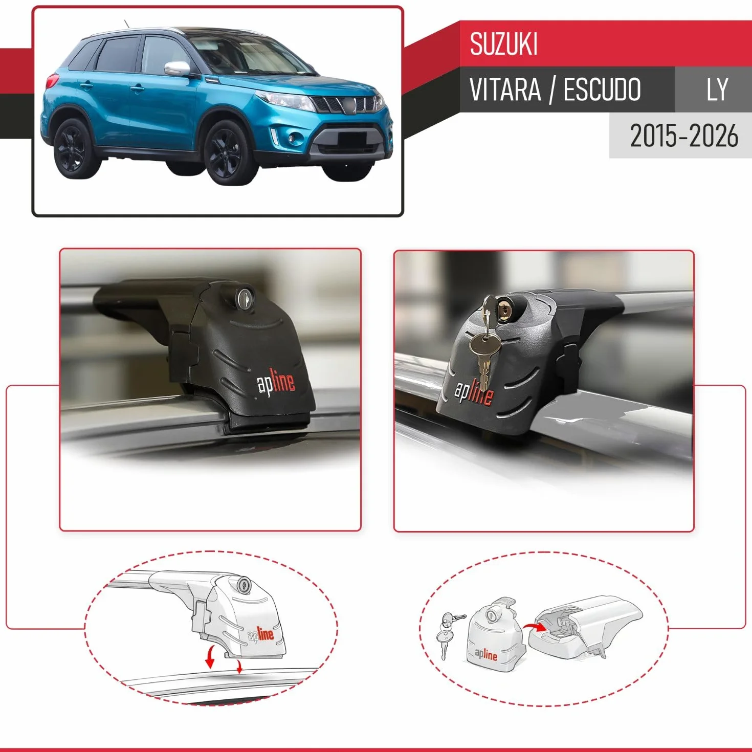 Compatibile con Suzuki Vitara/Escudo (LY) 2015-2026 Modello ACE-2 Barre Tetto Portapacchi Auto Barre Portatutto Grigio Alluminio 2 Barre