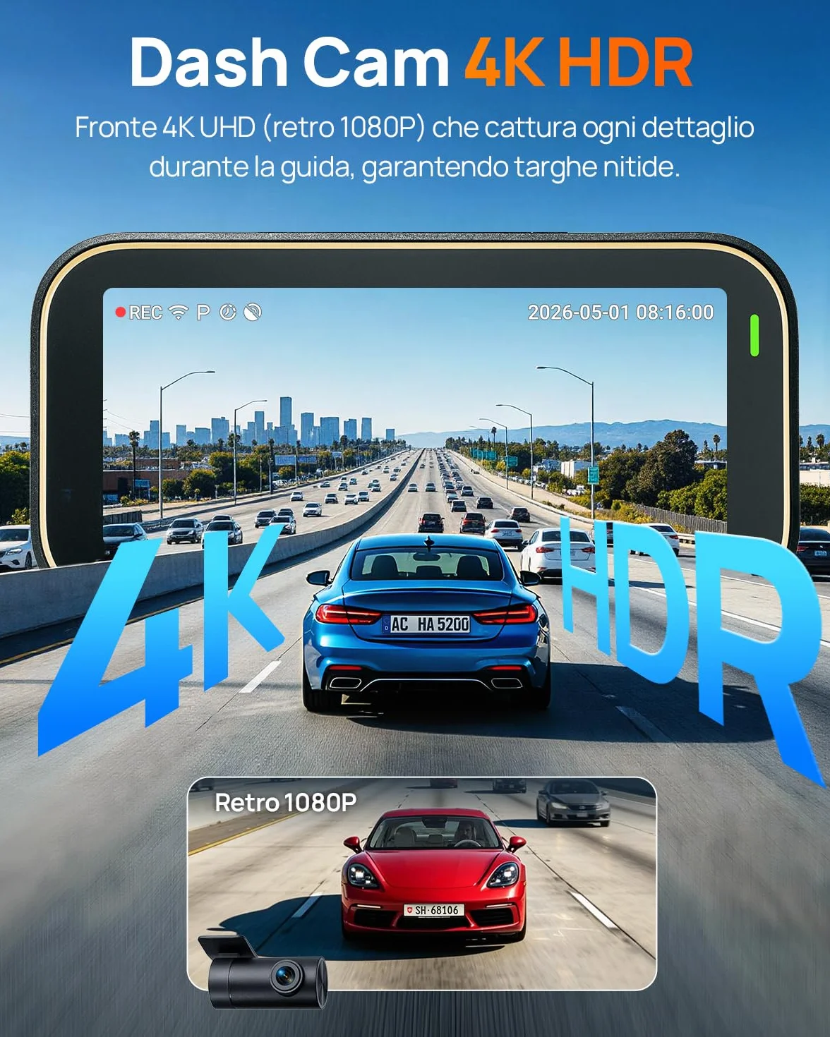 70mai A810 Lite Dash Cam 4K +1080P, 5GHz WiFi, GPS, HDR, Visione Notturna, Parcheggio 24/7, Sensore G, 64GB
