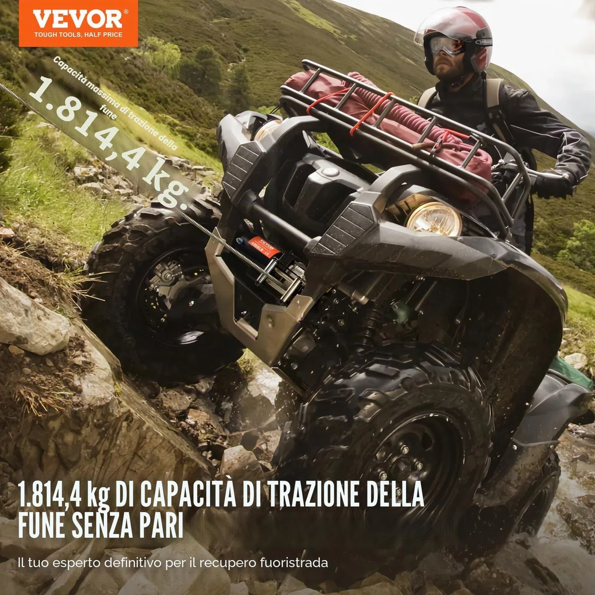 VEVOR Verricello Elettrico ATV UTV, capacità tiro 1814kg, 12 V CC, Cavo in Acciaio a 7 Fili Φ0,5 x 118,7 cm, Telecomando Wireless cablato, Impermeabile IP55, Verricello per Traino ATV UTV