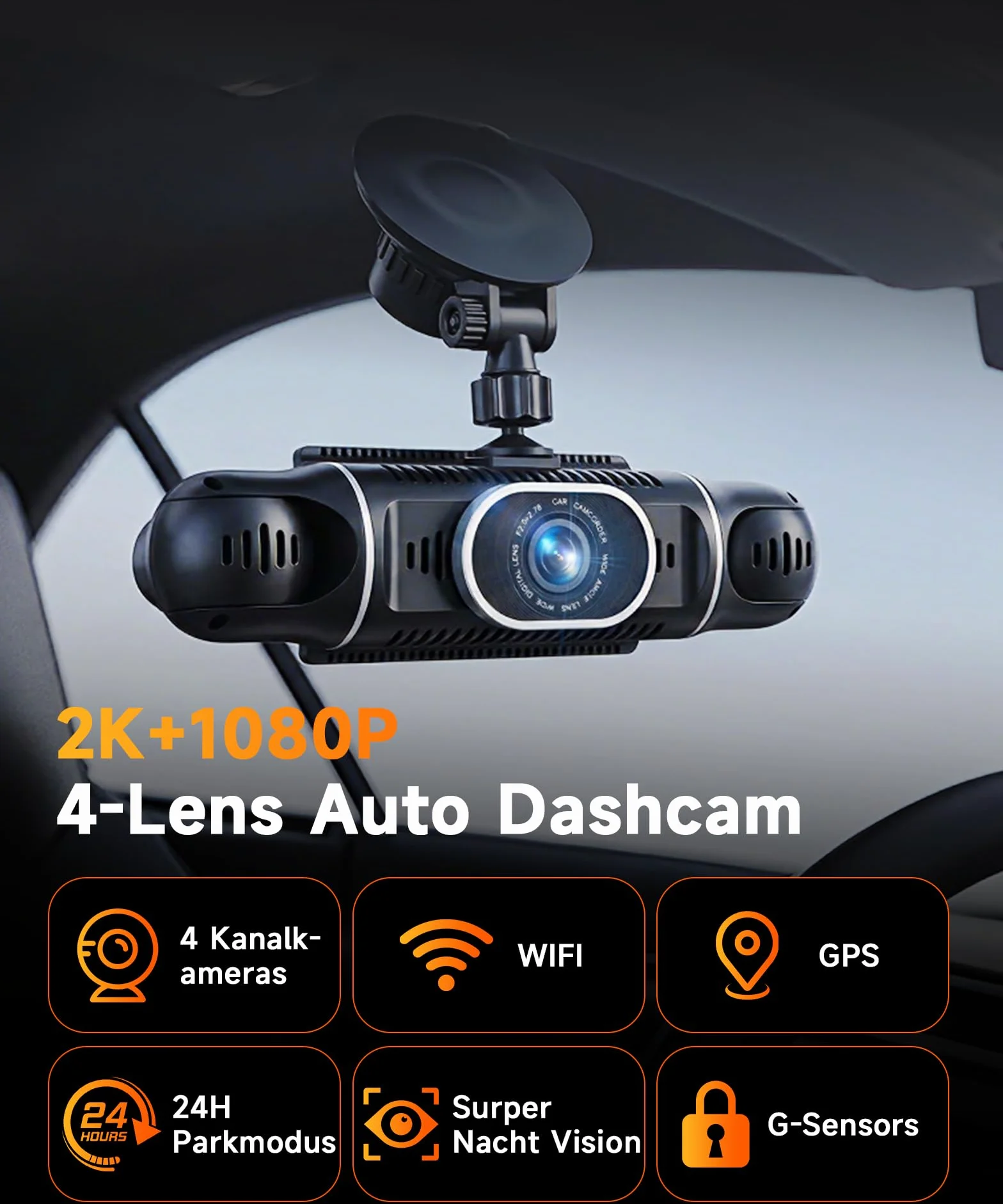 VECHTEL 2K/1080P Dashcam per auto anteriore e posteriore con WiFi, 4* Dash Cam Telecamera per auto con schermo IPS da 3 pollici,visione notturna,sensore G,protezione a 360 gradi,Con 64GB SD Card