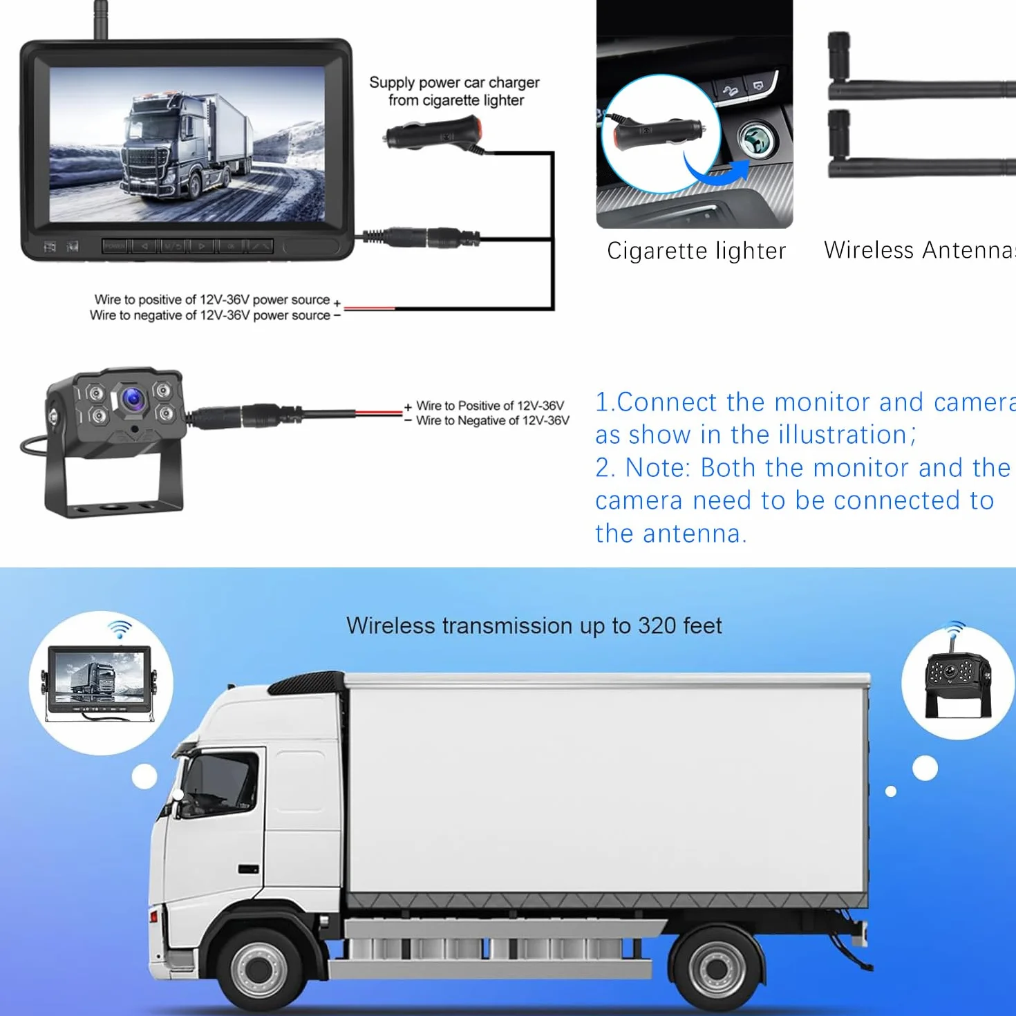 VECHTEL Telecamera Retromarcia Wireless 1080P, kit Monitor con Schermo IPS da 7 Pollici per Camion, Autobus, Furgoni, Camper, Pickup, Impermeabile IP68, Visione Notturna, Linee Guida DIY