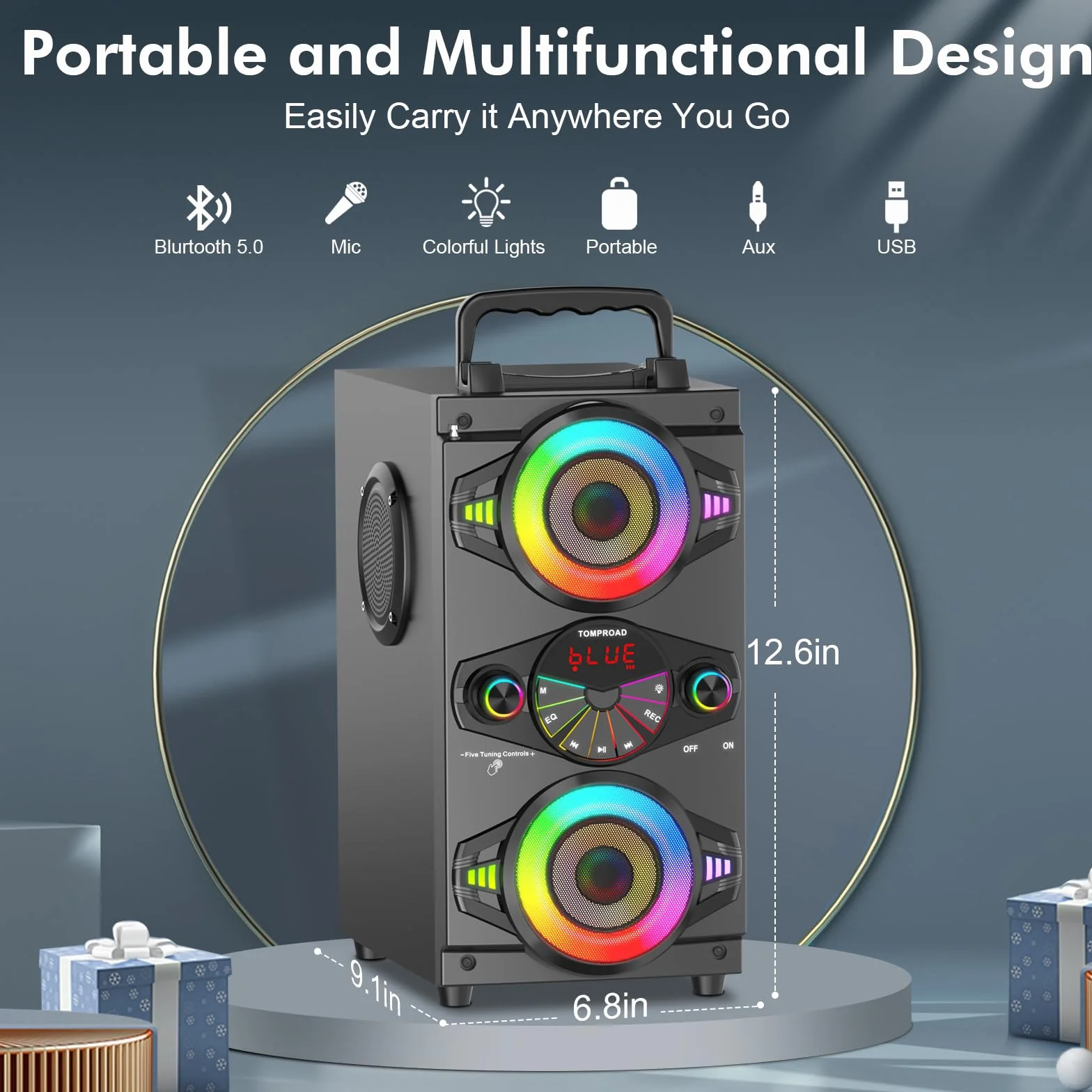 Altoparlanti Bluetooth, altoparlante portatile wireless da 60 W per feste in casa, con subwoofer, radio FM, luci LED colorate, microfono, telecomando e grande e potente stereo con bassi profondi.